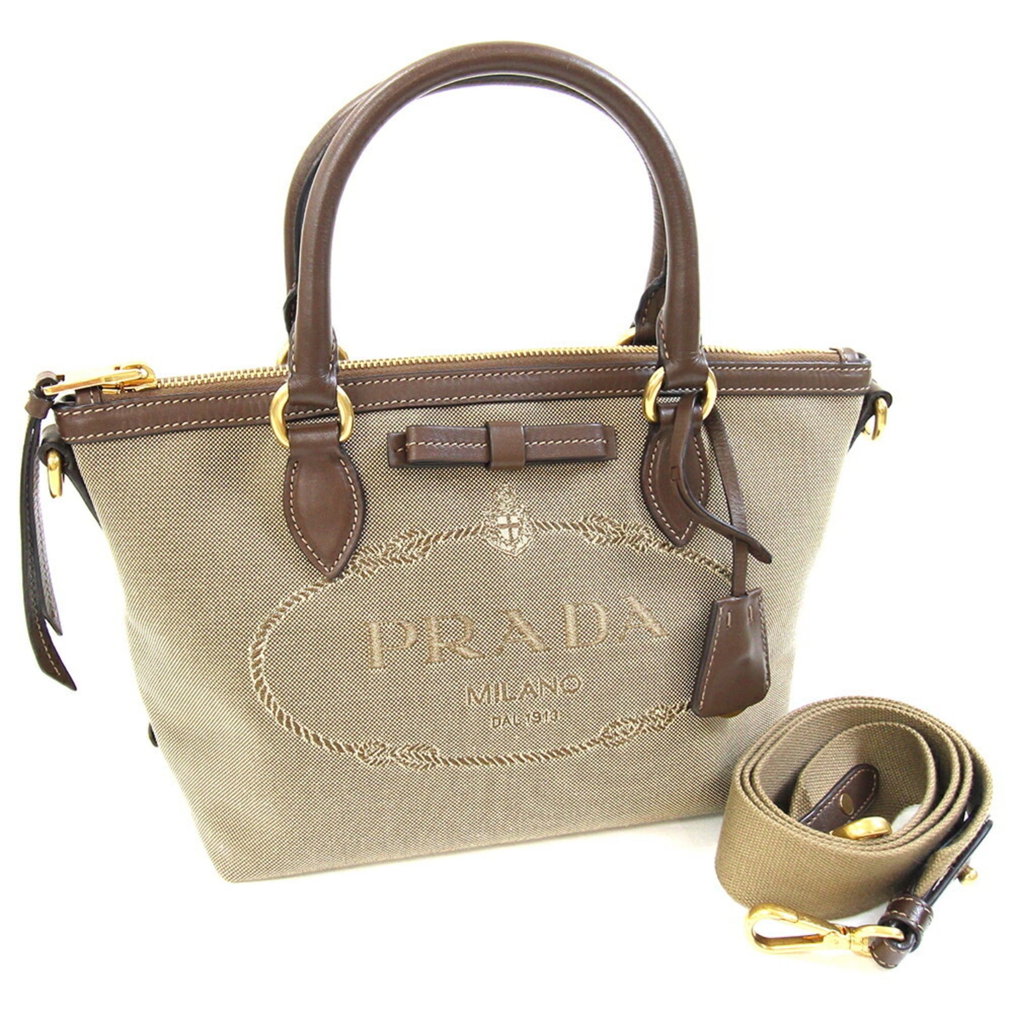 Prada Prada Handbag 1BA111 Beige Brown Canvas Leather Shoulder Ribbon Women's PRADA Size ONE SIZE - 1 Thumbnail