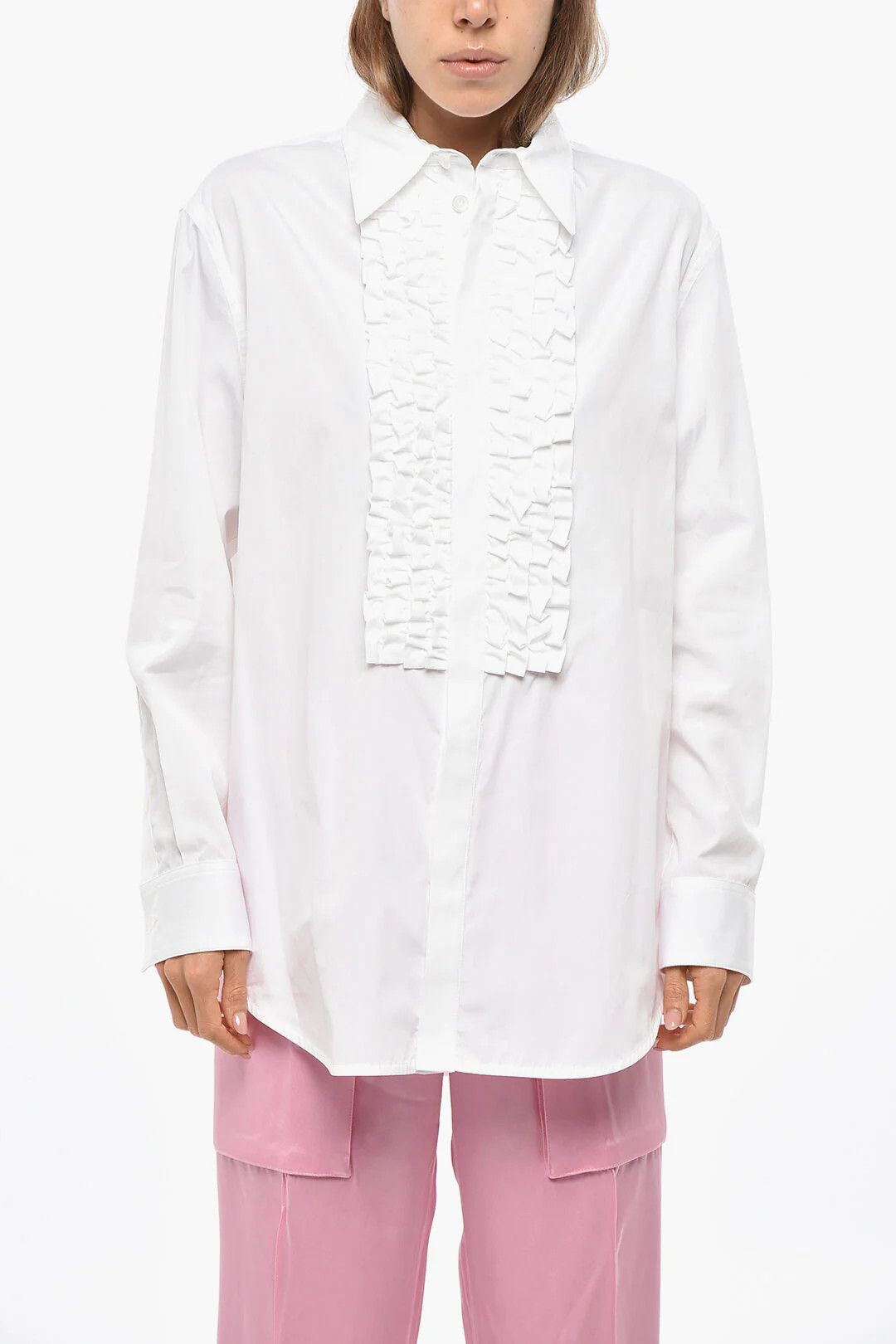 Bottega Veneta og1mm0426 Ruffle Front Cotton Poplin Blouse in White Size S / US 4 / IT 40 - 1 Thumbnail