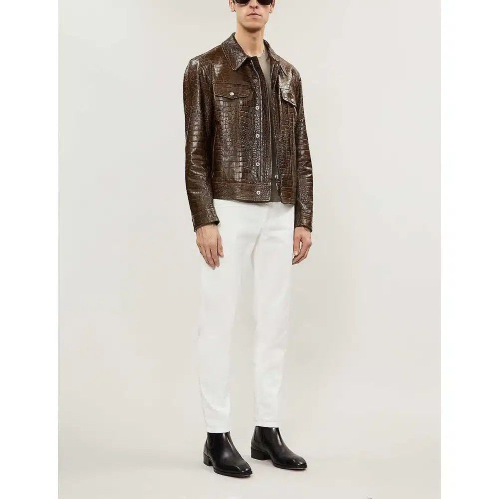 Tom Ford o1loc1c1024 TFL754 Croc Effect Leather Trucker Jacket Brown Size US L / EU 52-54 / 3 - 2 Thumbnail