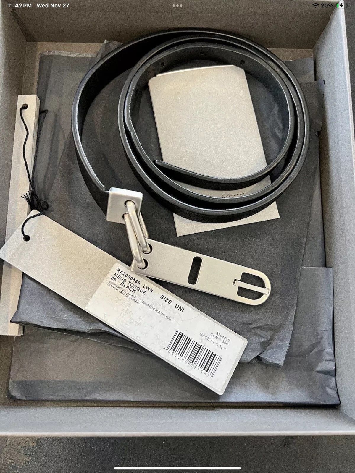 Rick Owens New/Box TECUATL Black Cow Bull Tongue Leather XL Long Belt Size ONE SIZE - 15 Thumbnail