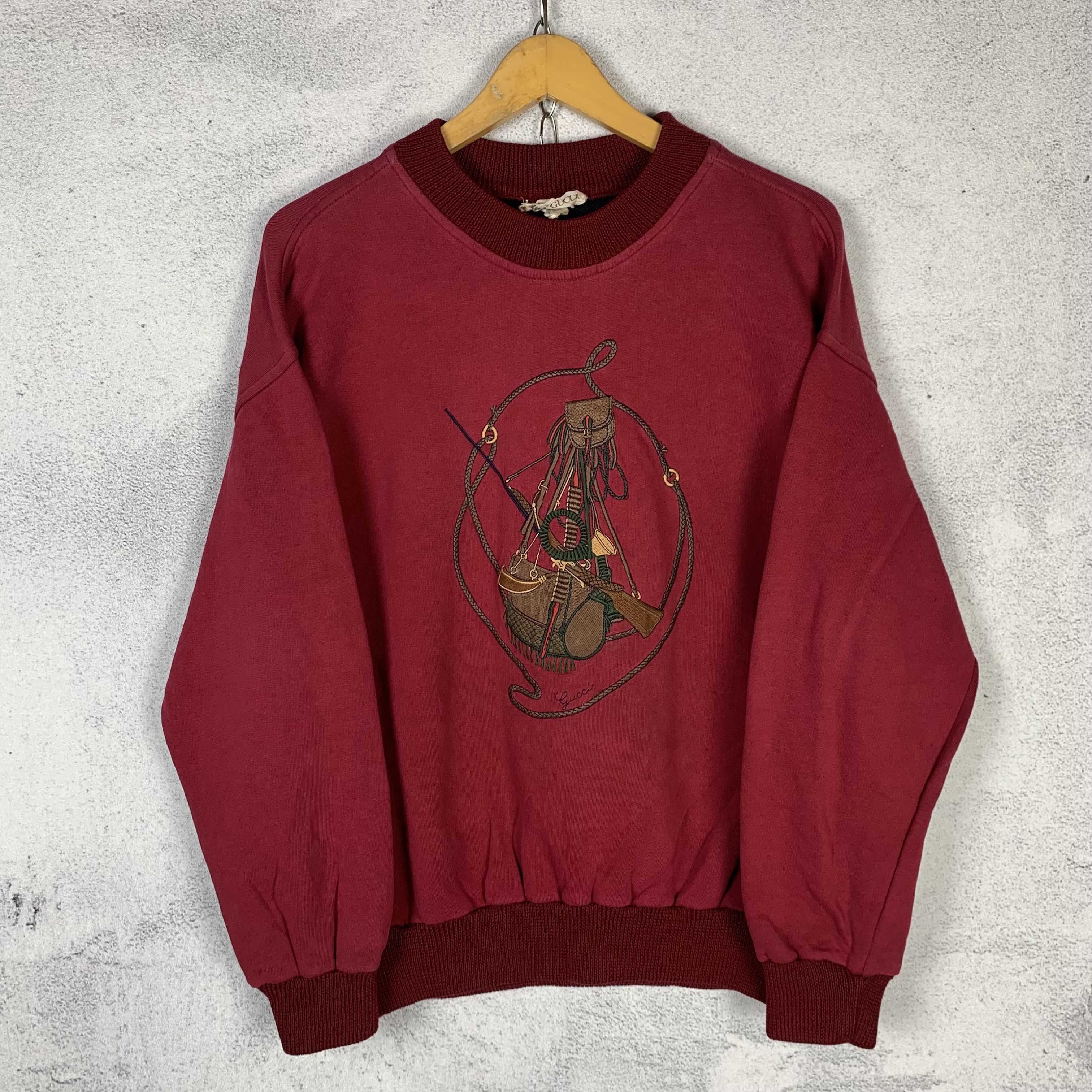 image of Vintage 90's Gucci Sweatshirt Crewneck in Dark Red, Men's (Size Small)