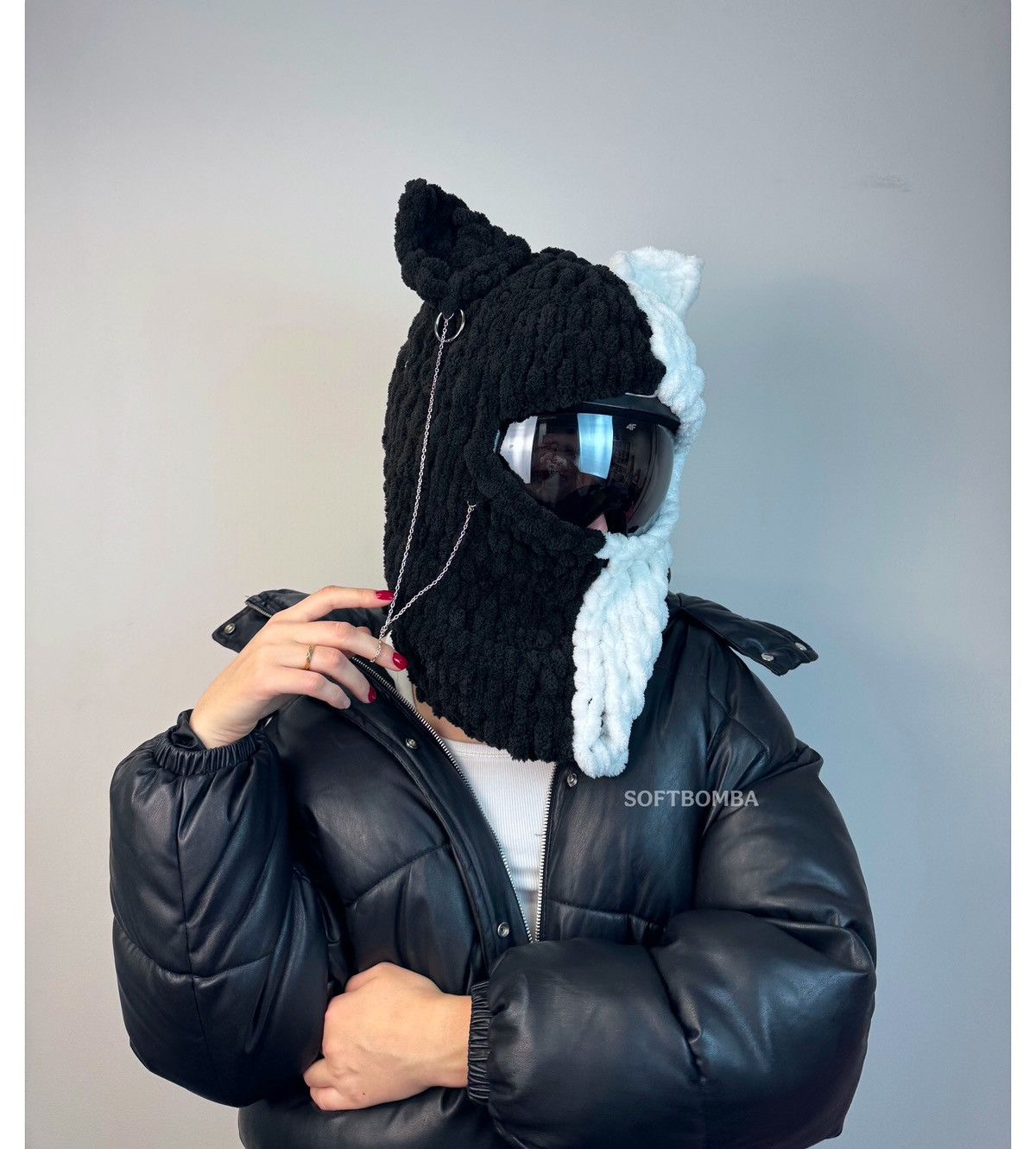 Handmade Cat helmet cover balaclava with ears . Black Ski mask Size ONE SIZE - 4 Thumbnail