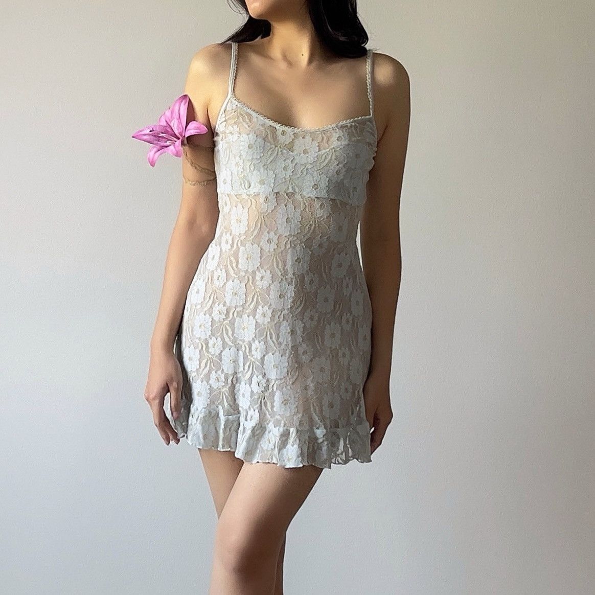 Victoria's Secret Vintage Blue Floral Mesh Semi-Sheer Mini Slip Dress (M-L) Size L / US 10 / IT 46 - 4 Thumbnail
