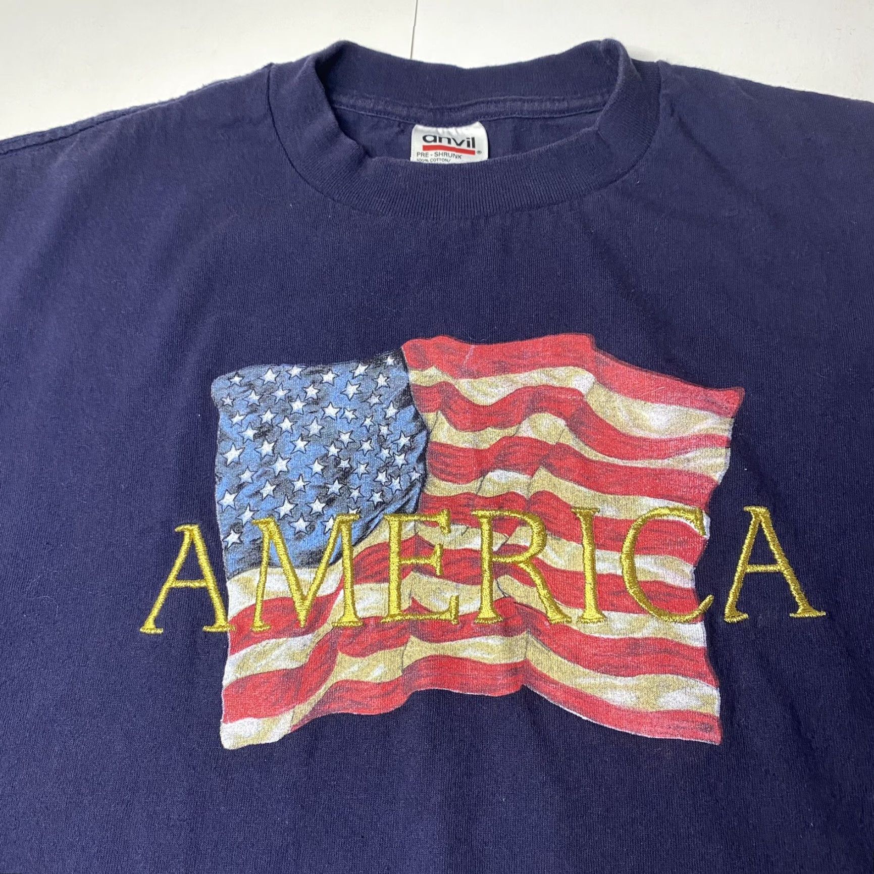 Anvil VTG Anvil USA Flag T-Shirt Men’s Embroidered Spell Out Single Stitch L Blue 1990s Sportswear/Beach Size US L / EU 52-54 / 3 - 3 Thumbnail