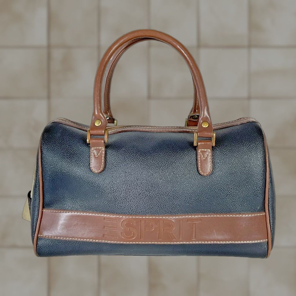 Vintage Esprit 90's Black Brown Pebbled Leather Satchel Handbag Purse Medium Womens