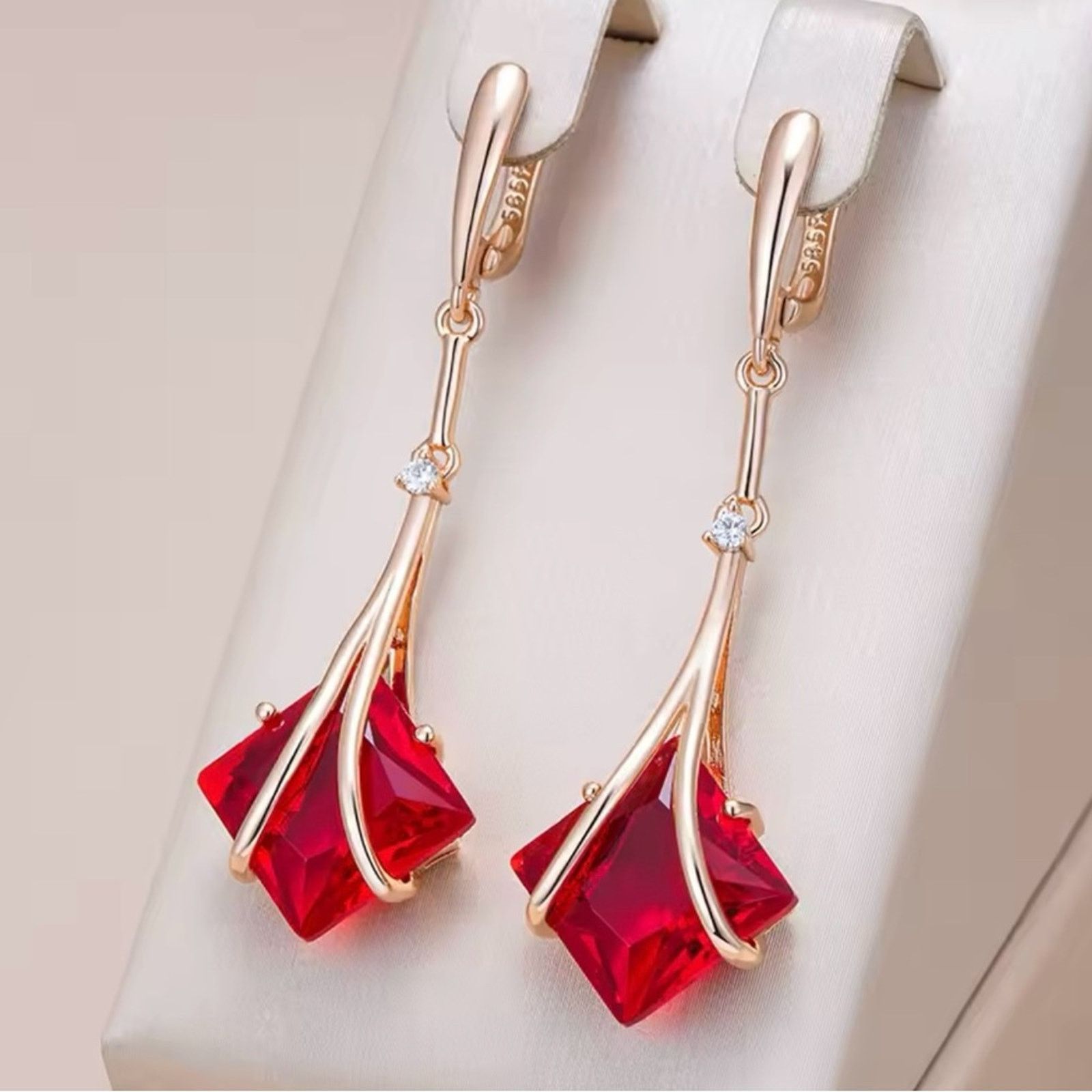 Other Square Red Zircon Long Drop Earrings for Women 585 Rose Size ONE SIZE - 1 Thumbnail