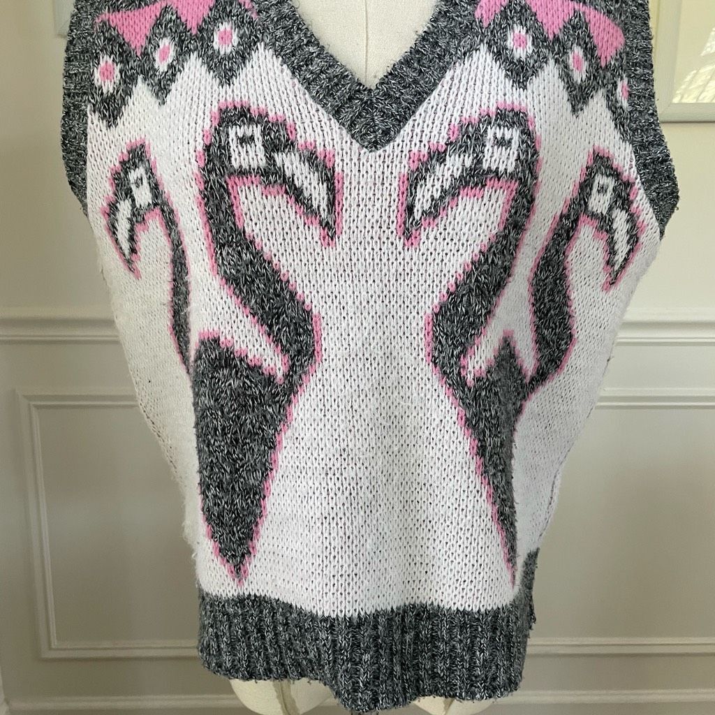 Vintage Vintage 80s Jolie Flamingo Pink Grey White Sweater Vest M Size M / US 6-8 / IT 42-44 - 3 Thumbnail