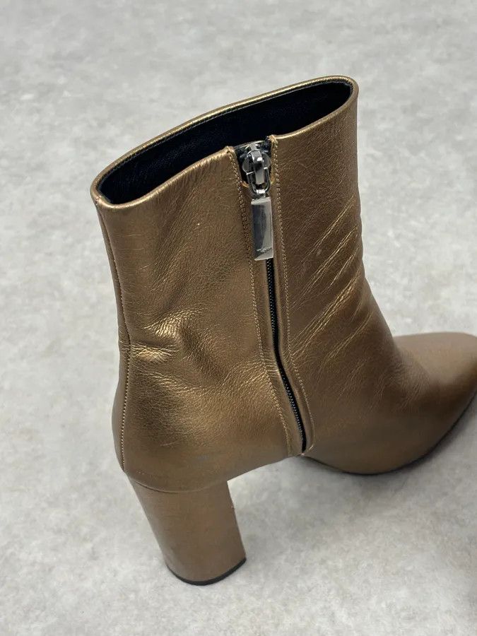 Saint Laurent Paris Saint Laurent Gold Leather Ruched Block Heel Bootie Size US 8 / IT 38 - 8 Thumbnail
