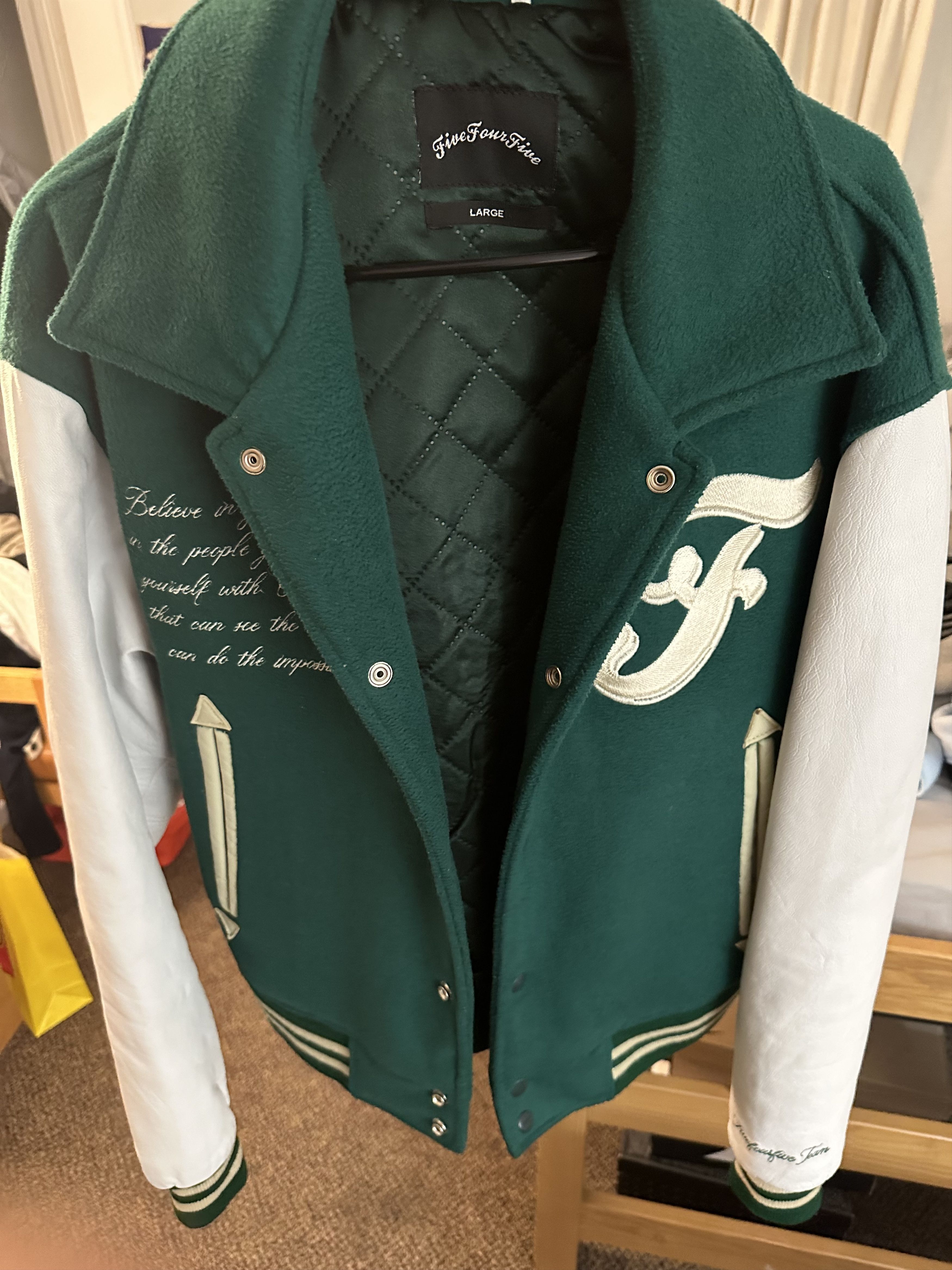 image of Five Four Varsity Jacket in Green/White, Men's (Size Large)