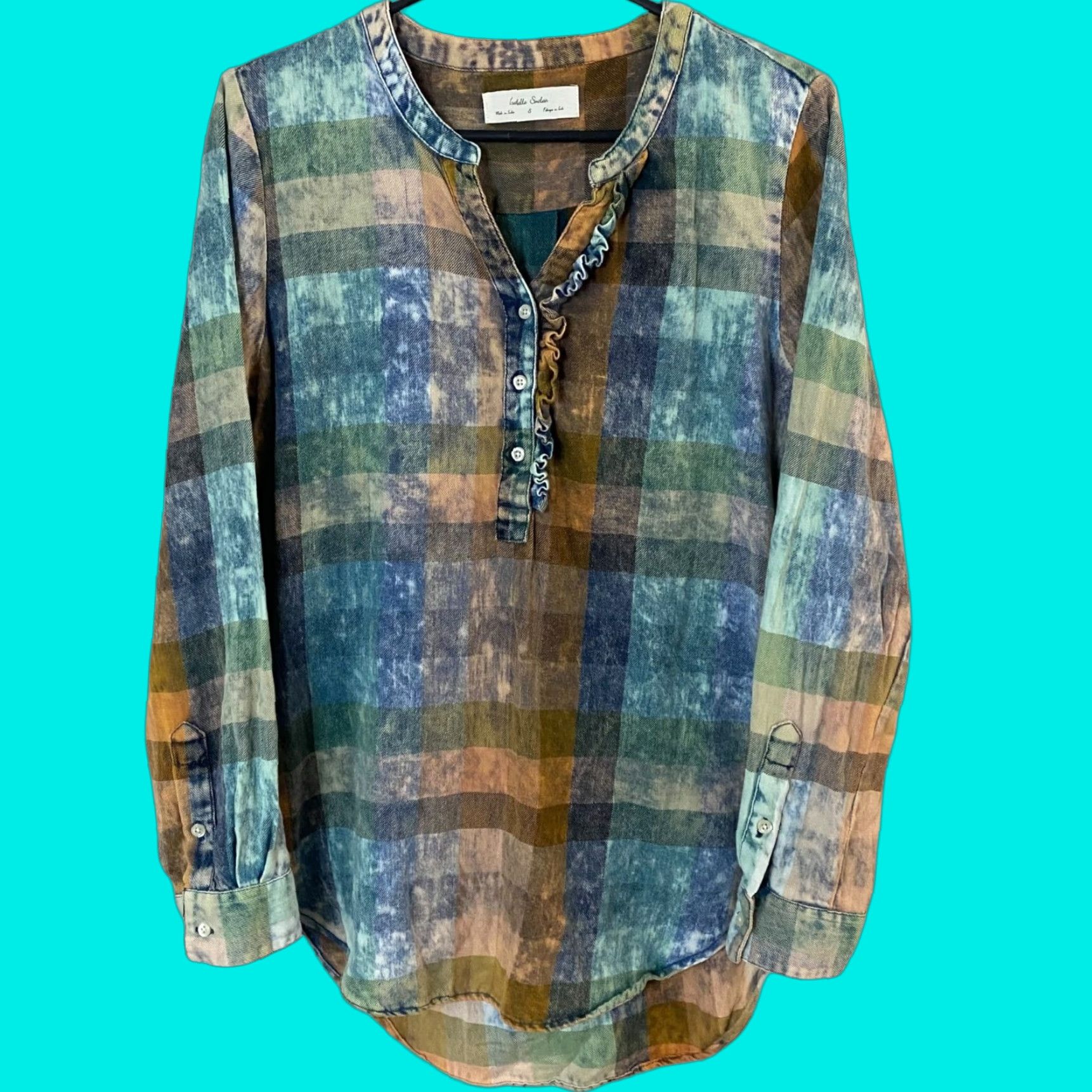 Anthropologie Anthropologie Isabelle Sinclair Ruffle Henley Top Women's S Acid-Washed Tonal Check Multicolor Button-Up Size S / US 4 / IT 40 - 1 Thumbnail