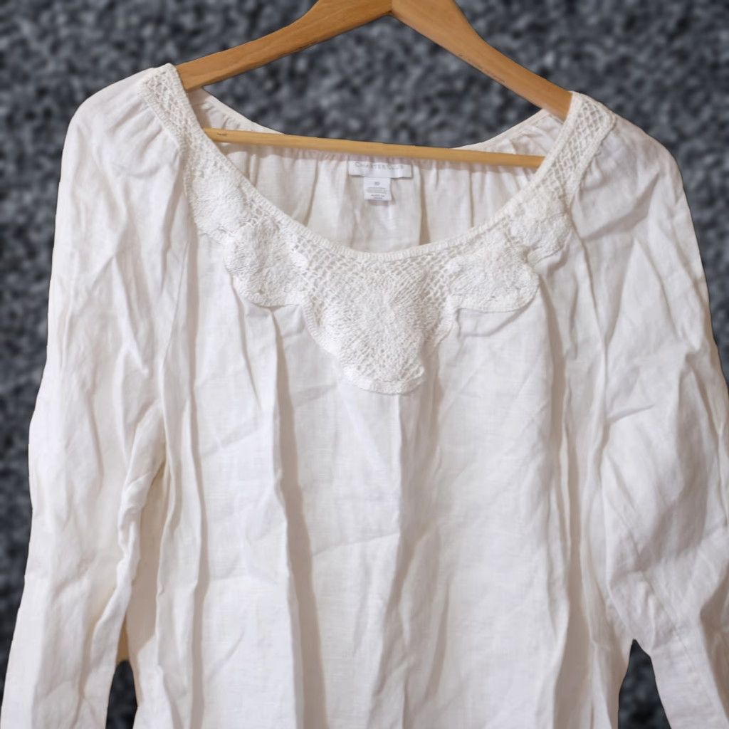 Charter Club Charter Club Women's 10 3/4 Sleeve Top White Linen Scoop Neck Crochet Shirt Blouse Regular XS? (Note: Original size 10, not XS) Size L / US 10 / IT 46 - 1 Thumbnail