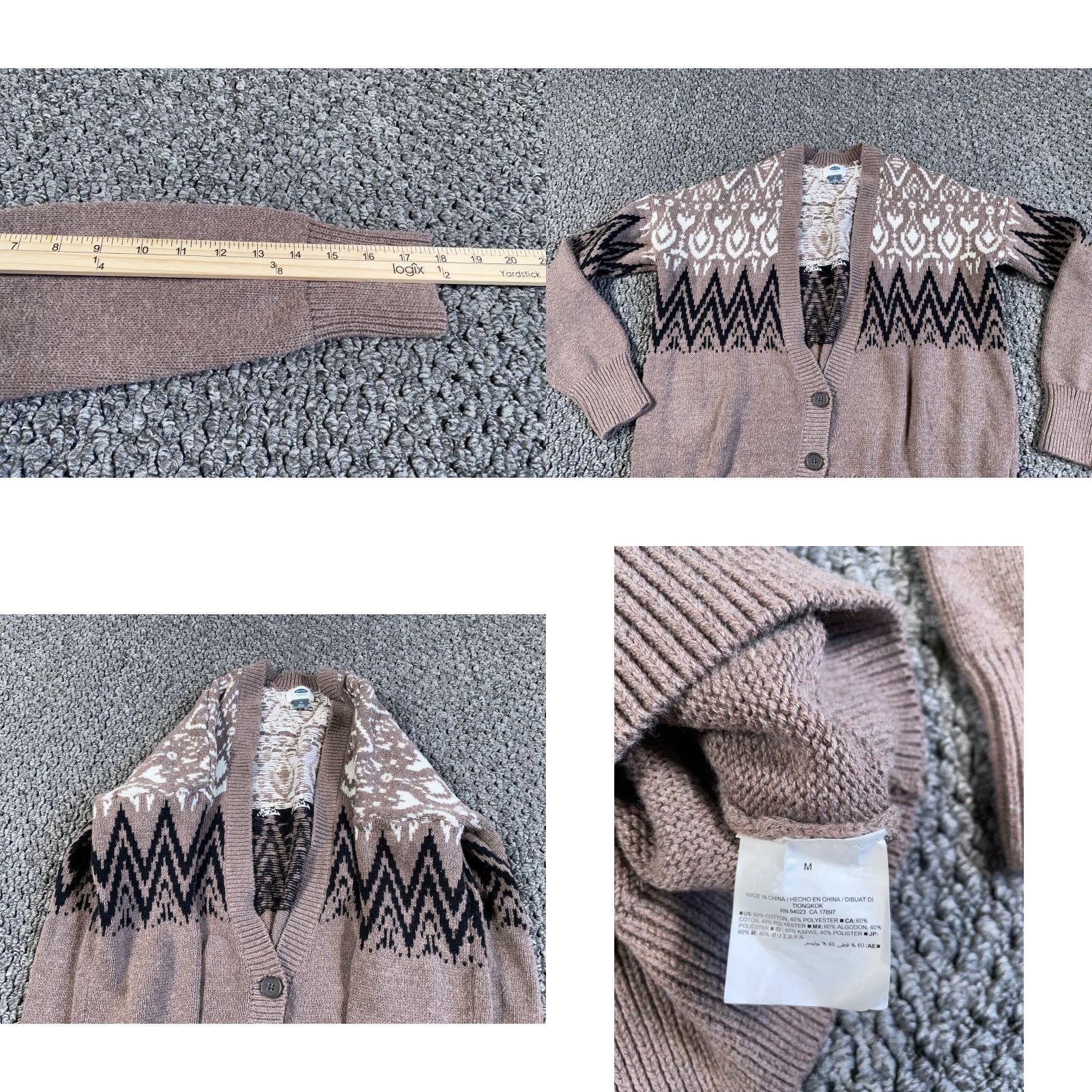 Old Navy Retro Ski Style Cardigan Women's Medium Brown Black Geometric Pattern Sweater Size M / US 6-8 / IT 42-44 - 8 Thumbnail