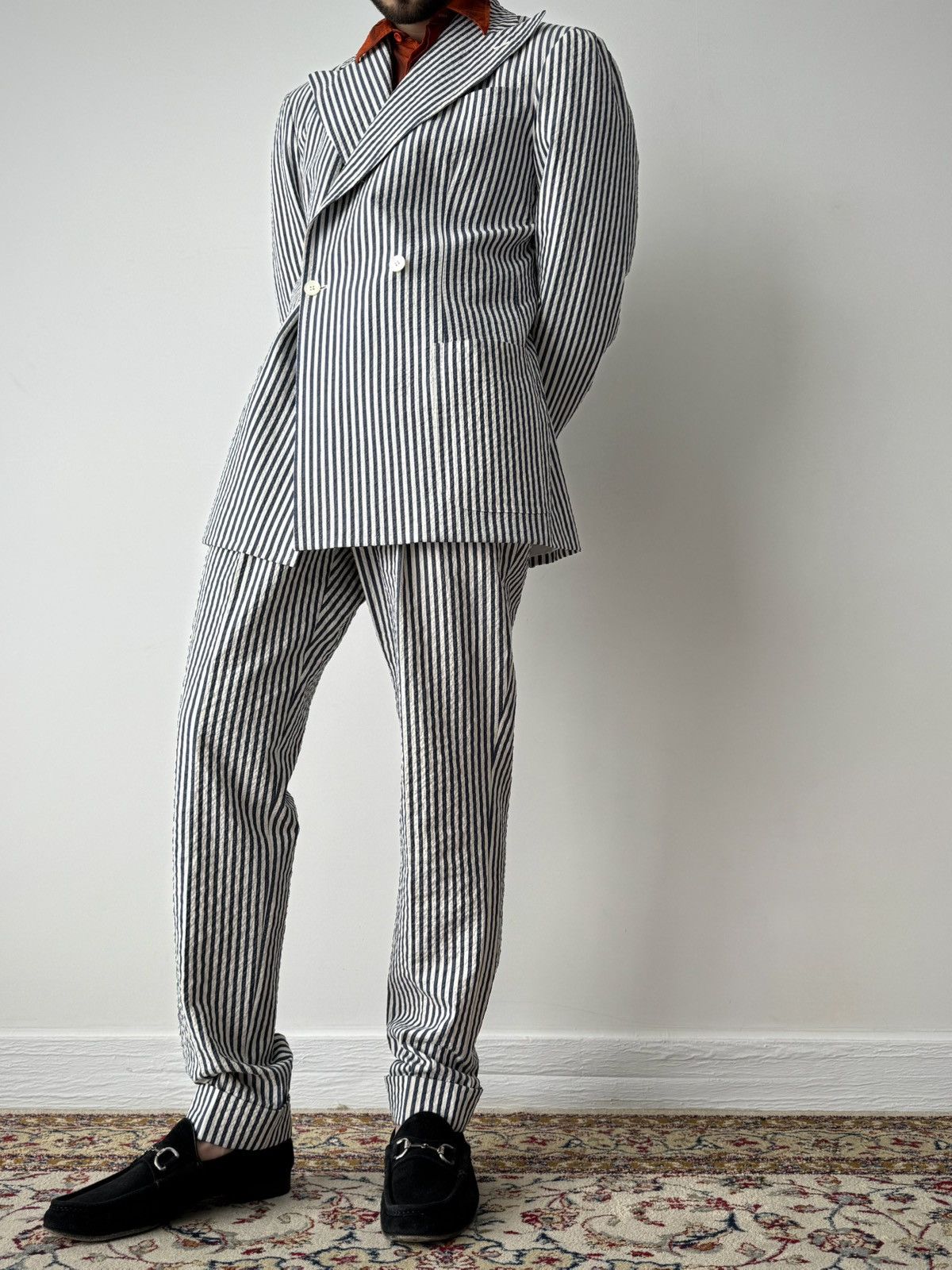 Designer Amarcord Bespoke Double Breasted Cotton Striped Suit Size 42R - 2 Thumbnail