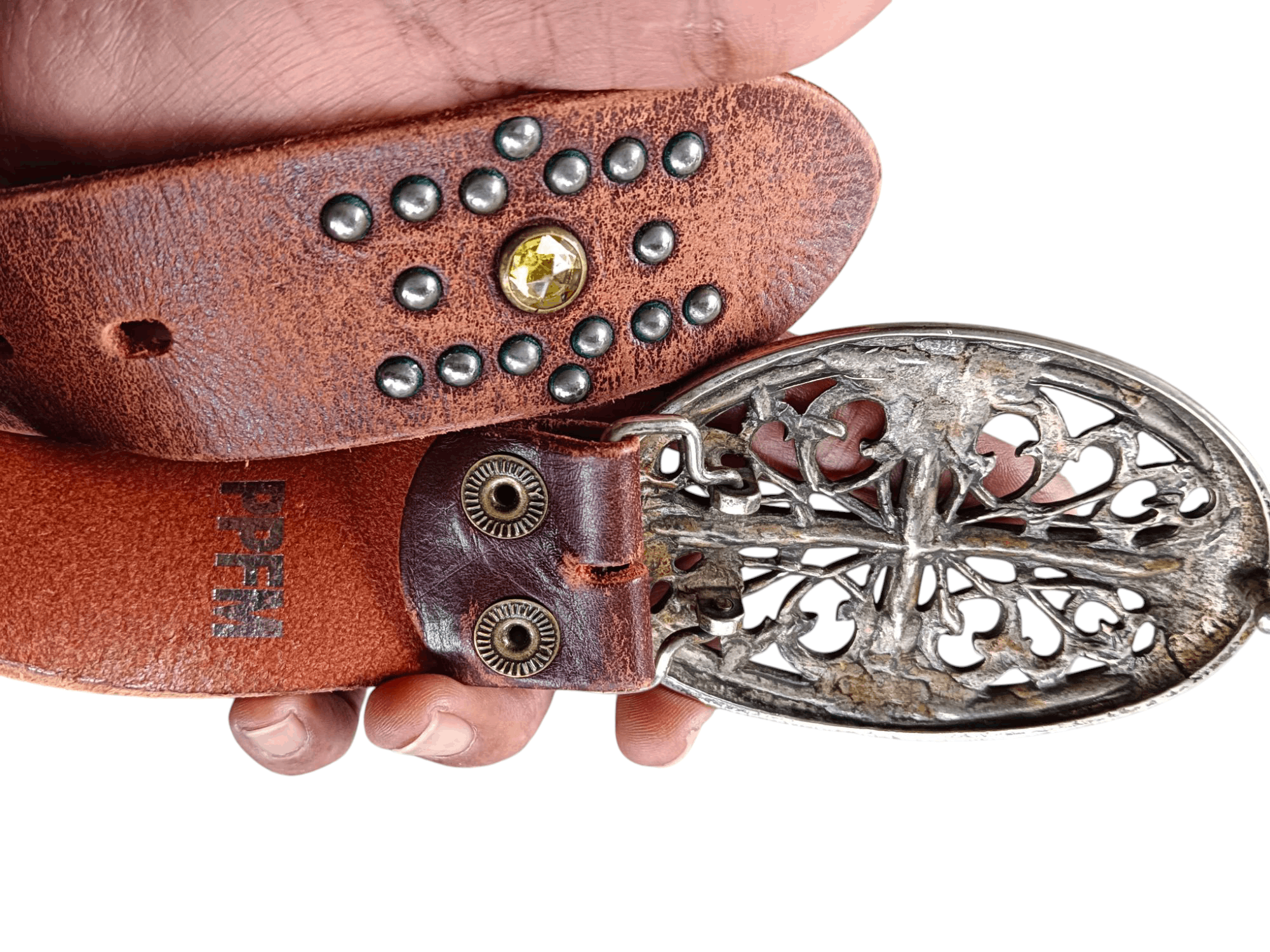 Japanese Brand Vtg Leather Belt studded Big Buckle Cross Rhinestone Brown Size ONE SIZE - 4 Thumbnail