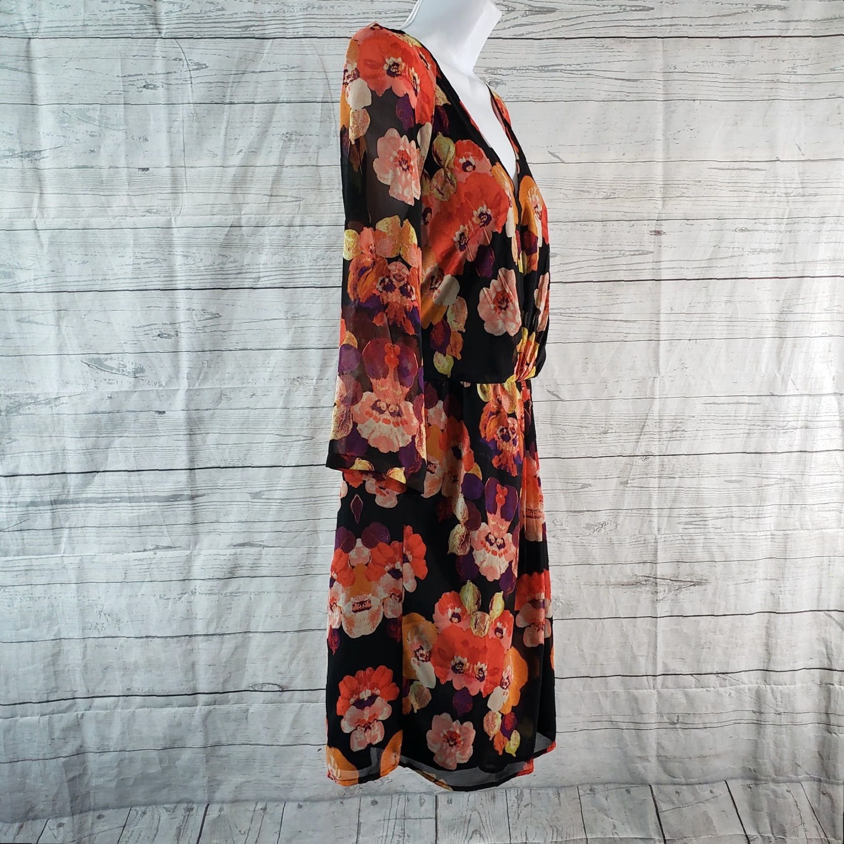 Vintage Broadway & Broome Womens Dress Size 4 Black Floral 3/4 Sleeve V-Neck Short Dress Size S / US 4 / IT 40 - 3 Thumbnail