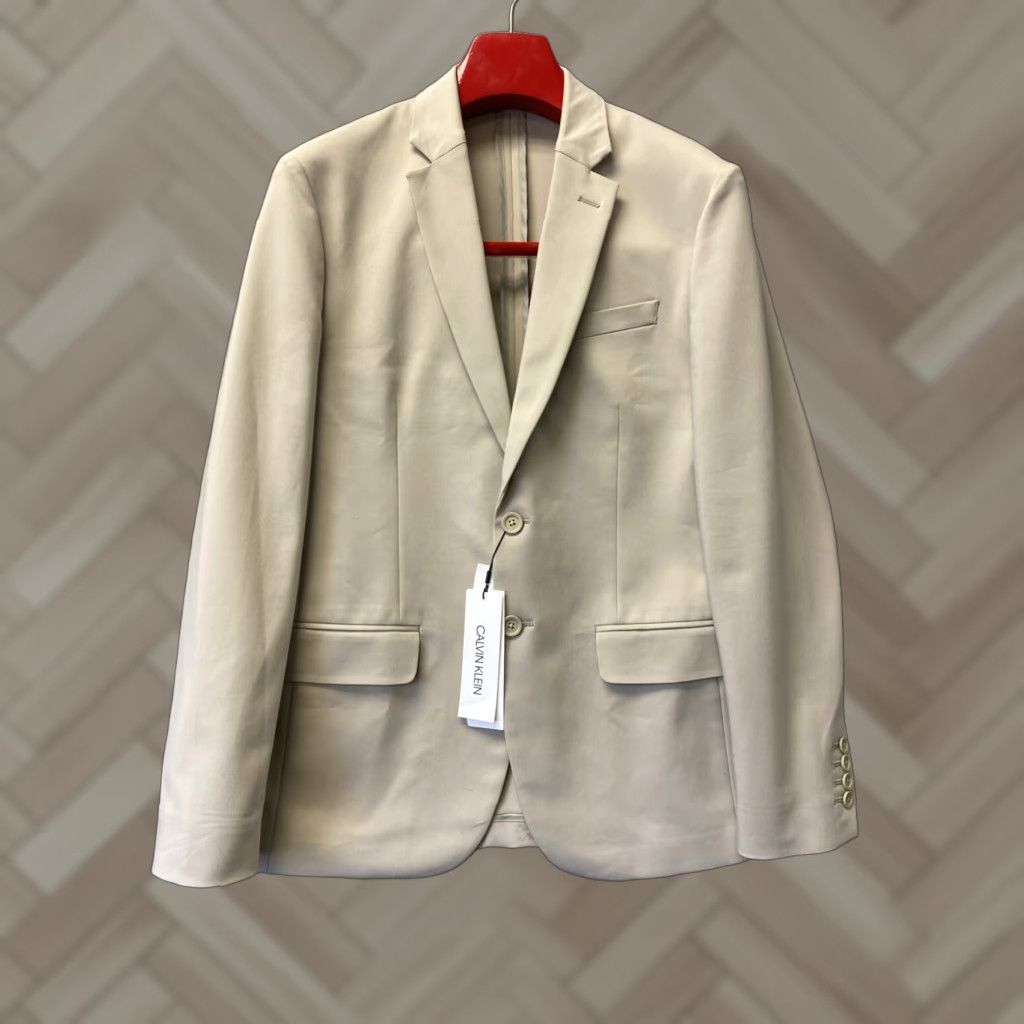 Calvin Klein Blazer Mens 38 Beige Khaki Notch Lapel Single-Breasted 2-Button Regular Fit NWT/12039 Wool? Polyester/Cotton