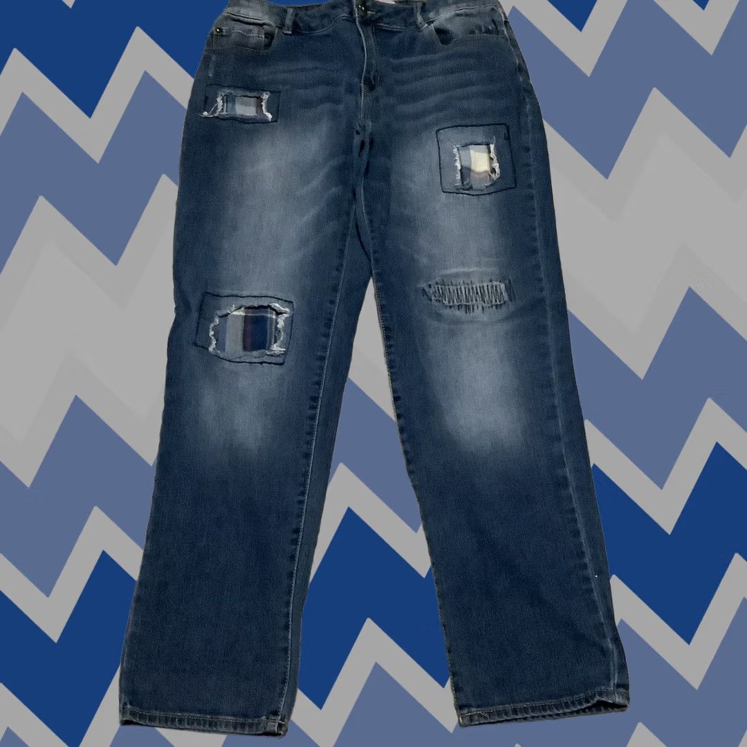 Denime EST 1946 Denim Jeans Women 6 Blue Patchwork Distressed Repaired Stretch Jeans 5-Pocket Straight Bohemian Grunge Patchwork Vintage: No Size 28" / US 6 / IT 42 - 1 Thumbnail