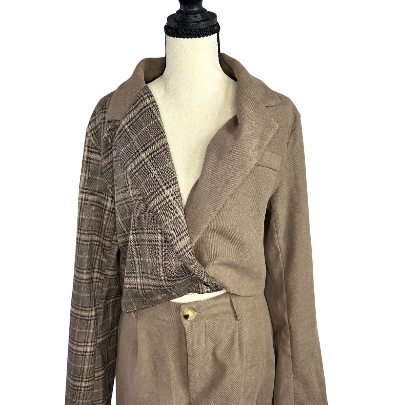 Shein SHEIN Brown Plaid Mixed Blazer Trouser Set Size 24" / US 00 / IT 34 - 3 Thumbnail