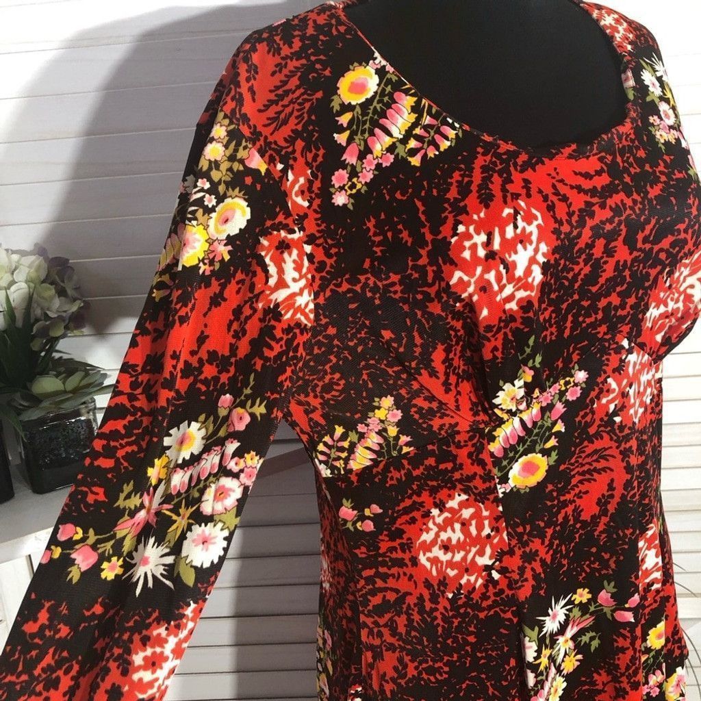 Vintage 70s boho mod floral red black midi dress trumpet sleeves L Size M / US 6-8 / IT 42-44 - 6 Thumbnail