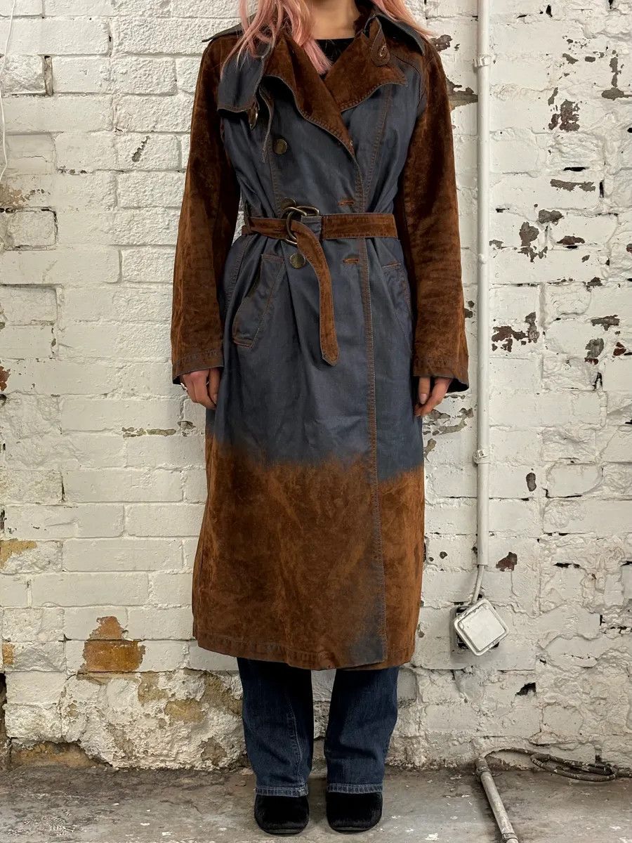 Vintage 2000s Plein Sud Brown Suede Waxed Denim Two-Tone Trench Coat Size M / US 6-8 / IT 42-44 - 2 Thumbnail