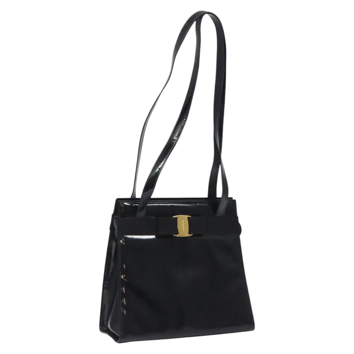 Salvatore Ferragamo Shoulder Bag Enamel Black Gold Auth Bs25142, Women's