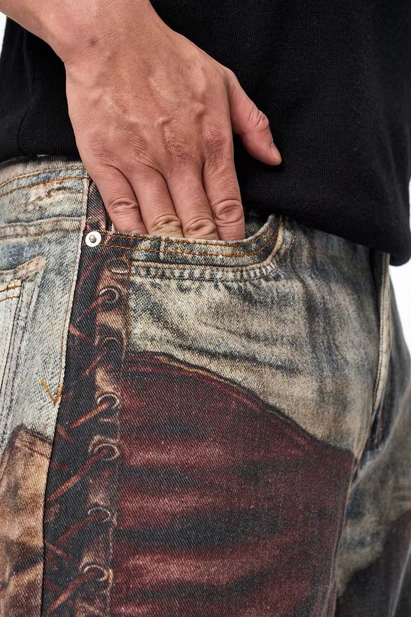 Jean × Vintage Streetwear Design Old Patch Retro Printing Distressed Jeans Size US 35 - 5 Thumbnail
