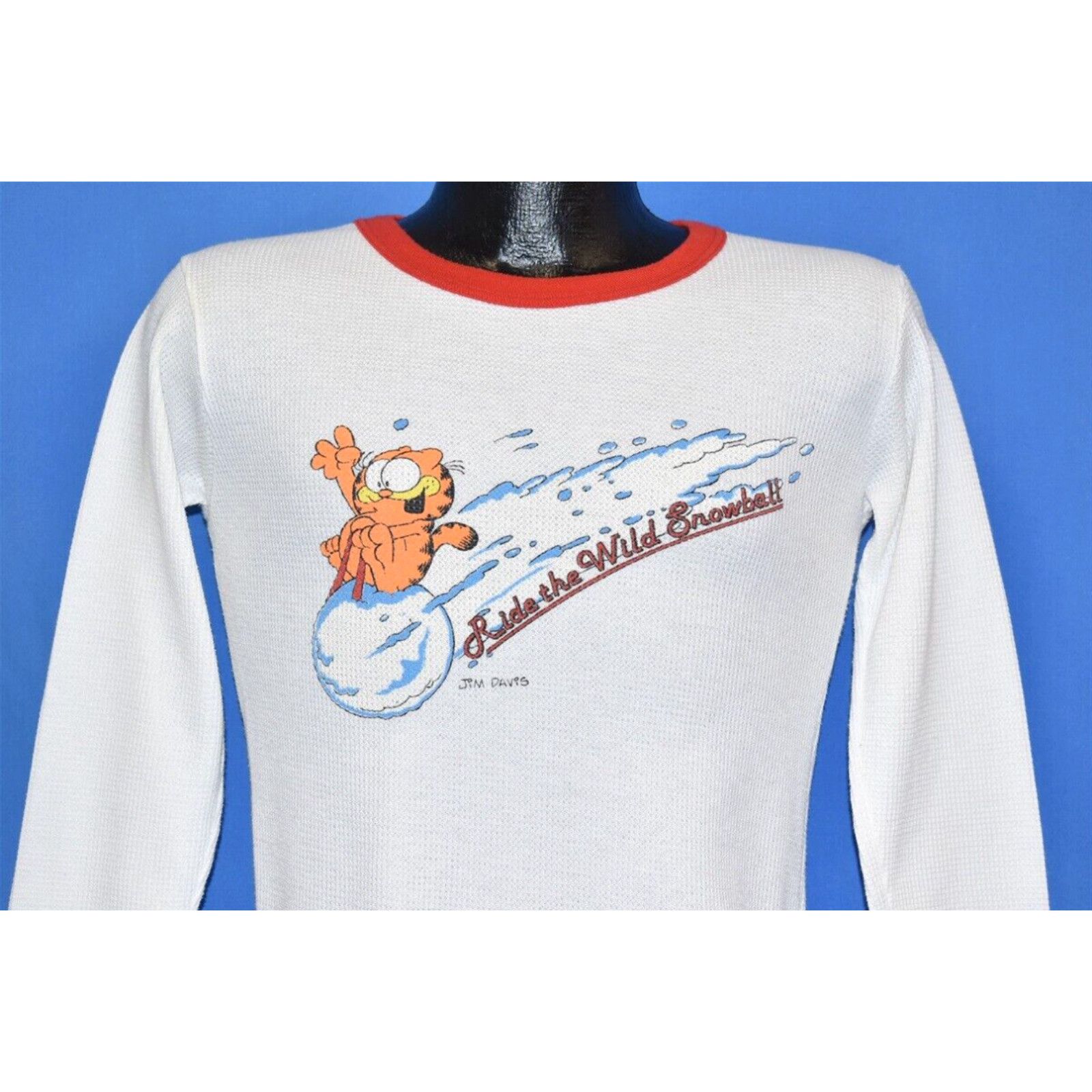 image of Vintage VTG 80's Garfield Waffle Weave Thermal Ride Wild Snowball Cartoon Cat T-Shirt S in White (S