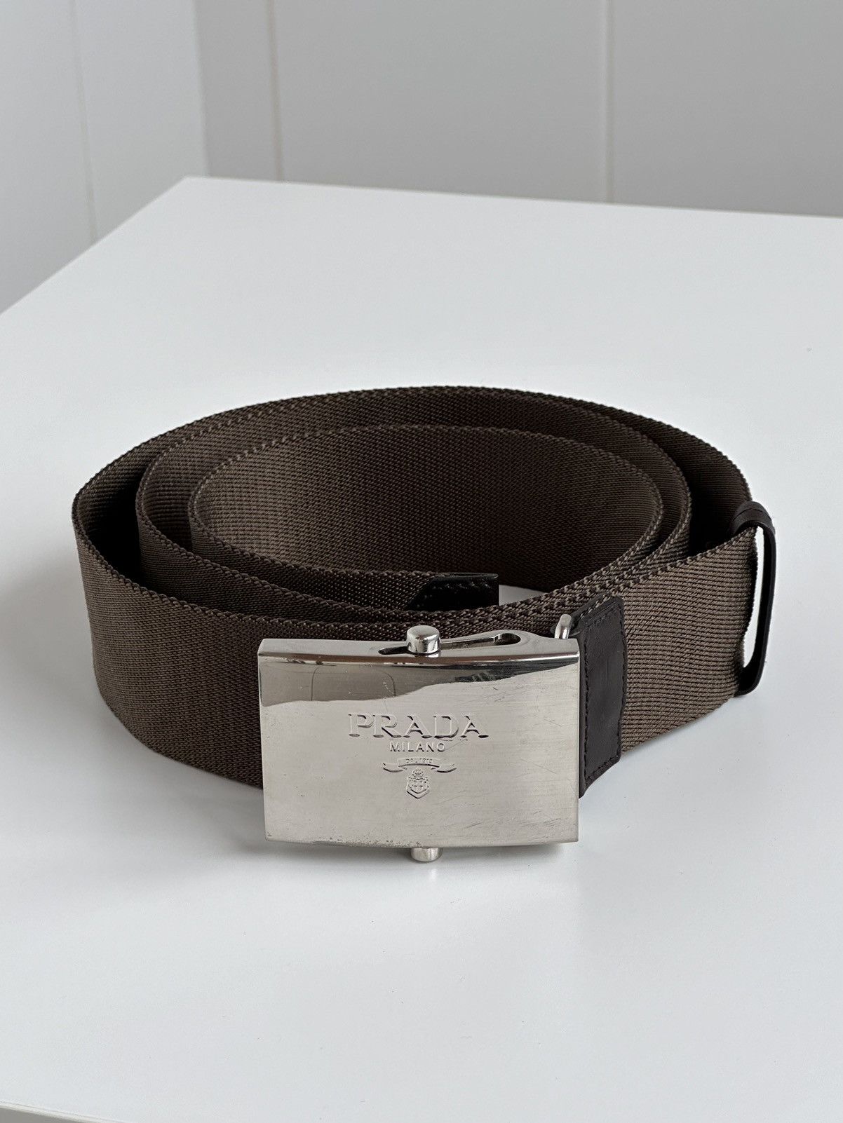 Prada Logo Metal Silver Buckle Nylon / Leather Belt