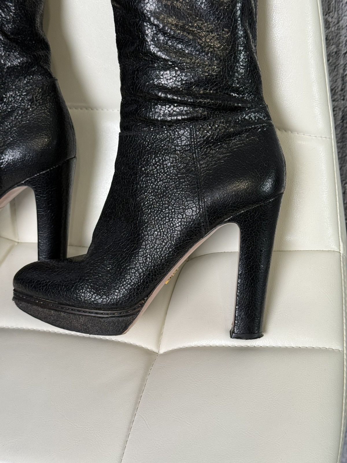 Prada Prada Black Textured Leather Knee High Platform Heeled Boots Size US 8 / IT 38 - 3 Thumbnail