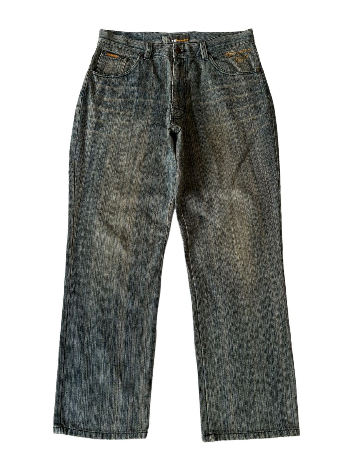 image of Alpha Numeric Clothing x If Six Was Nine Alphanumeric Pinstriped Wide Baggy Jeans in Blue (Size 34)