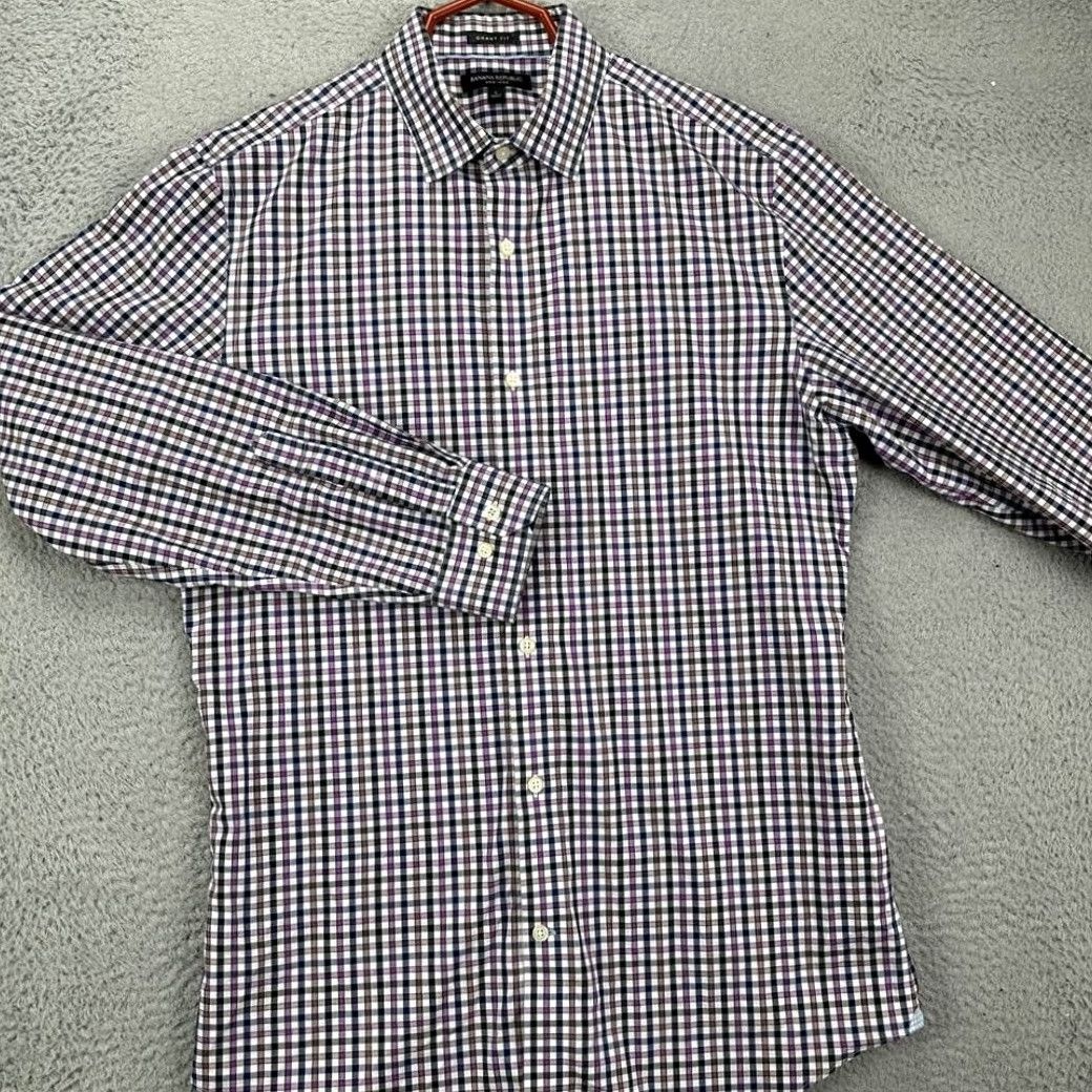 Banana Republic Banana Republic Grant Fit Adult Mens Button-Up Shirt Large Blue Purple Plaid Shirt Size US L / EU 52-54 / 3 - 2 Thumbnail
