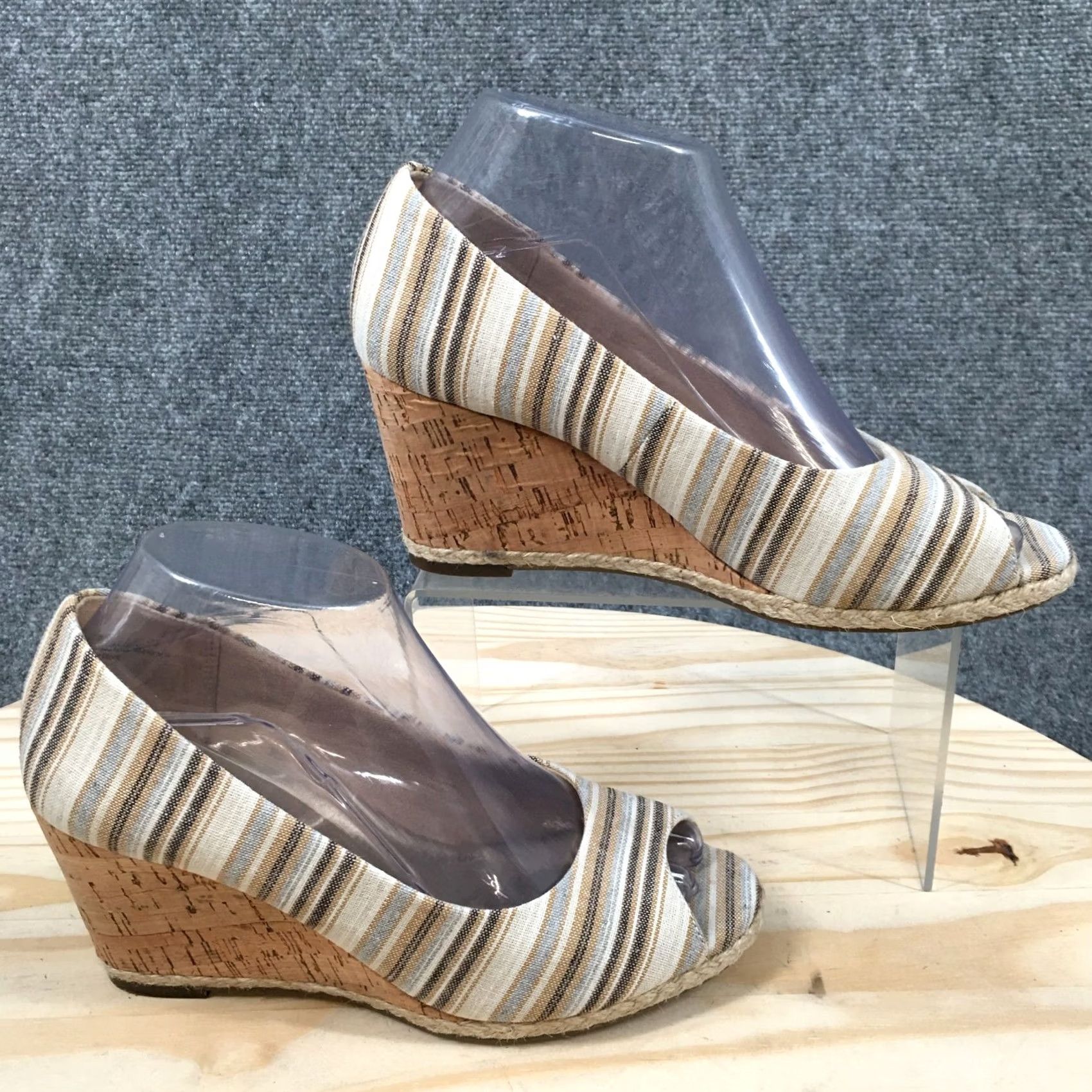 Vintage Kelly & Katie Sandal Womens 7 Brown Peep Toe Slip On Wedge Heels Casual Canvas Shoes Size US 7 / IT 37 - 2 Thumbnail