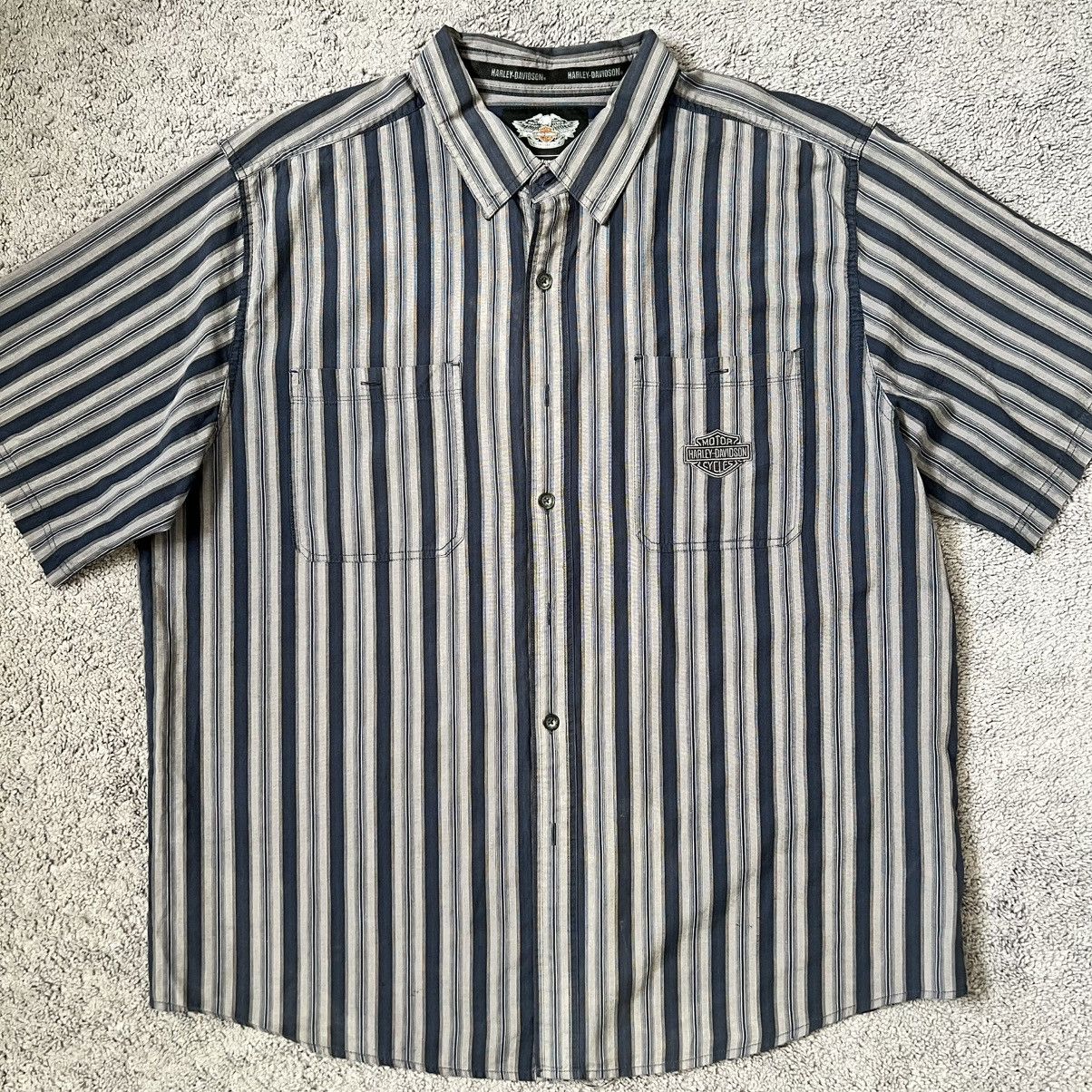 Harley Davidson Blue & Grey Striped Harley Davidson Button Up Size US XXL / EU 58 / 5 - 1 Thumbnail
