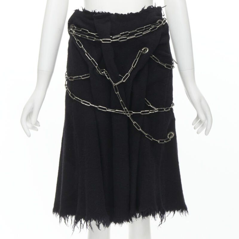 Junya Watanabe JUNYA WATANABE 2003 black boiled wool frayed edge silver punk chain midi skirt S Size 27" / US 4 / IT 40 - 1 Thumbnail