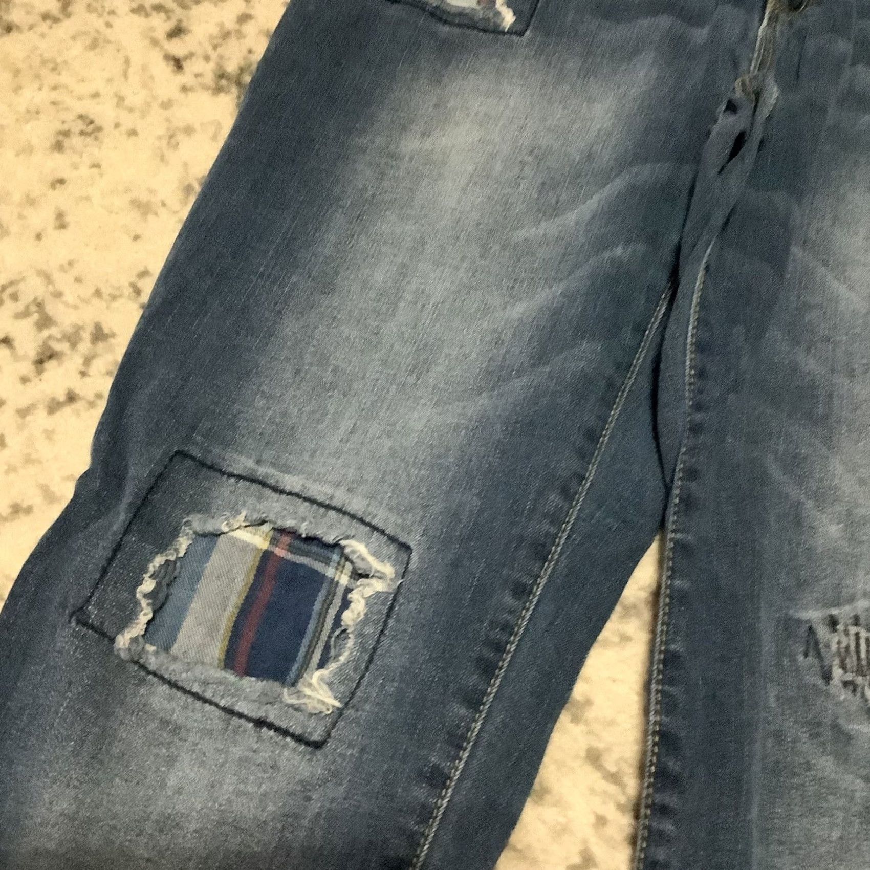 Denime EST 1946 Denim Jeans Women 6 Blue Patchwork Distressed Repaired Stretch Jeans 5-Pocket Straight Bohemian Grunge Patchwork Vintage: No Size 28" / US 6 / IT 42 - 2 Thumbnail