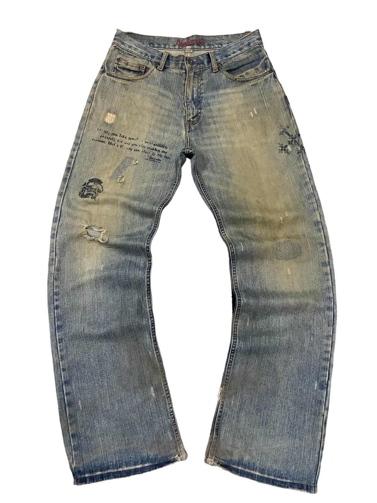 If Six Was Nine Nylous Skull & Cross Design Mud Wash Punk Ripped Loose Jeans Size US 32 / EU 48 - 11 Thumbnail