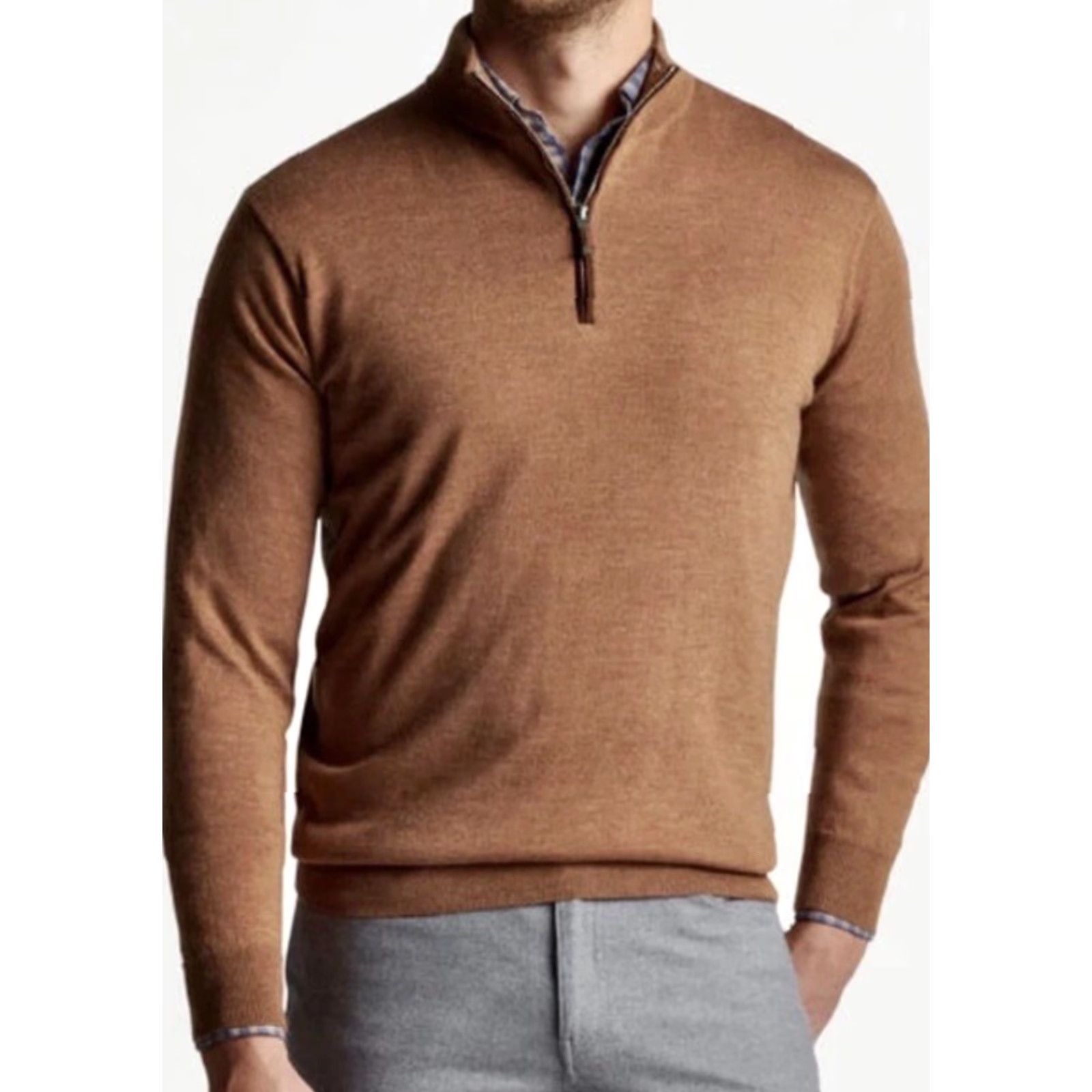 Peter Millar NWT Peter Millar Autumn Crest 1/4 Zip Sweater Camel Brown 2XL Men Pullover Knit Long Sleeve Solid Zipper Country of Origin: China Size US XXL / EU 58 / 5 - 2 Thumbnail