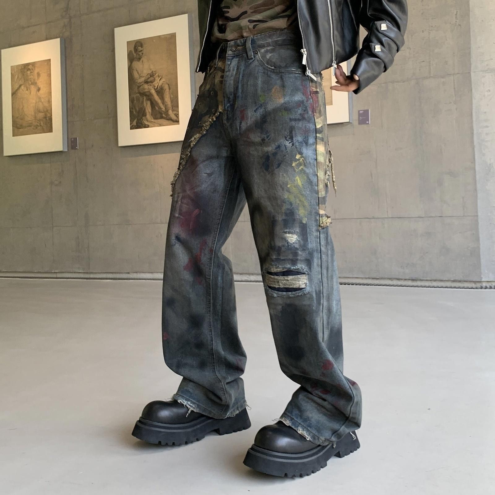 Vintage Black Distressed Baggy Wide Leg Jeans, Artistic Paint Detail Size US 32 / EU 48 - 3 Thumbnail