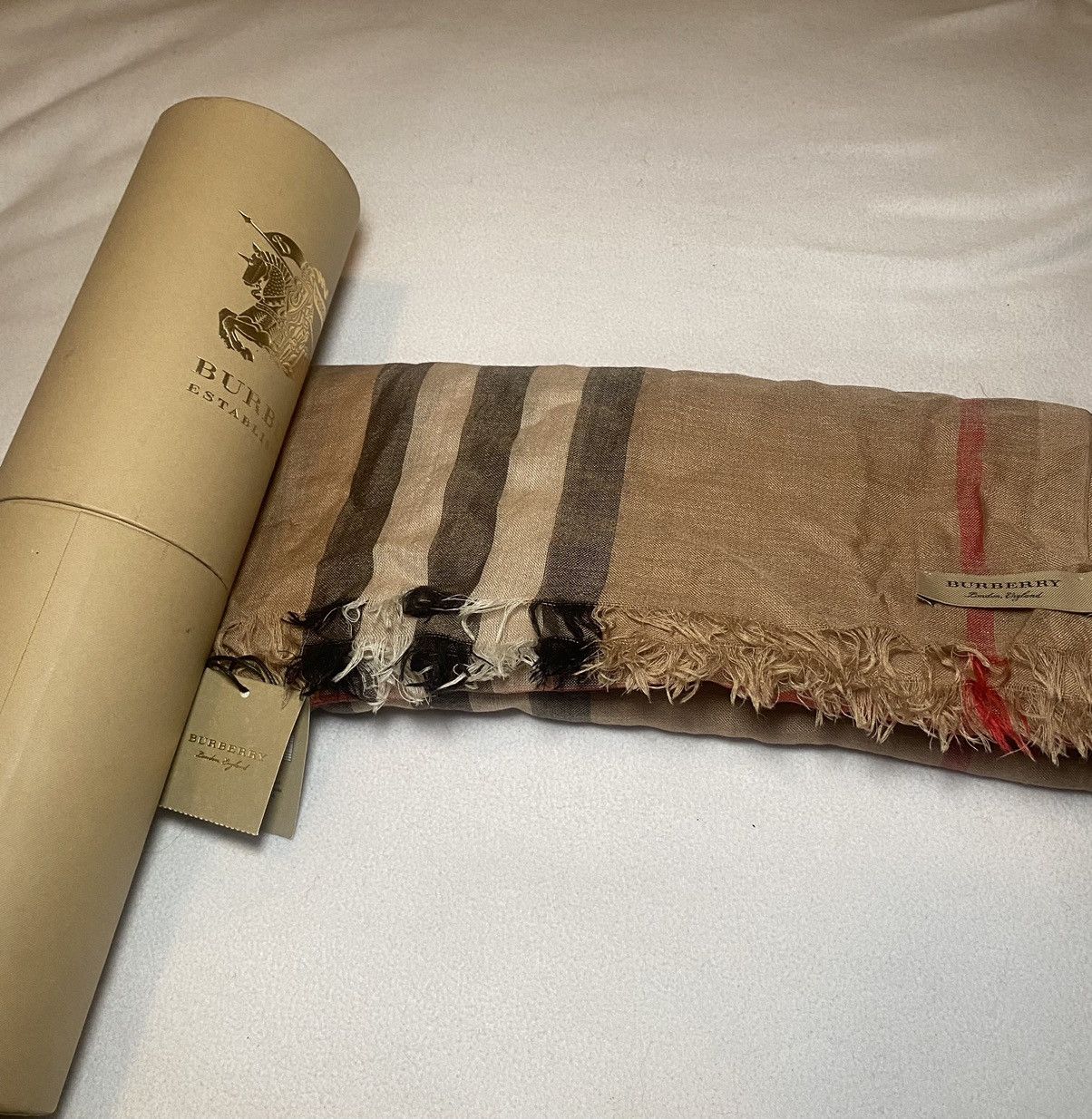 image of Burberry ‘Check Wool Silk’ Scarf in Tan/Beige, Women's