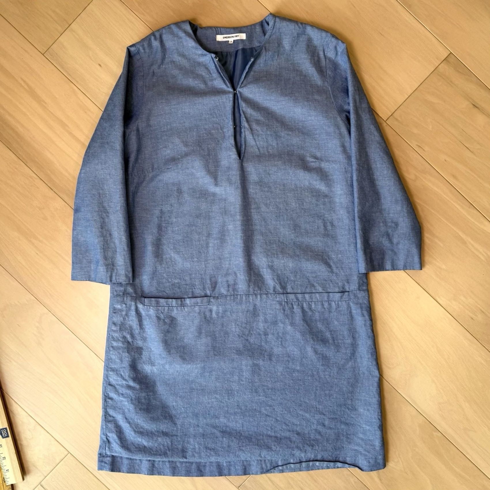 Vintage Emerson Fry Chambray Mod Dress Women's Small Blue V Neck 3/4 Sleeve Midi Casual White Logo - Mens? Size S / US 4 / IT 40 - 3 Thumbnail