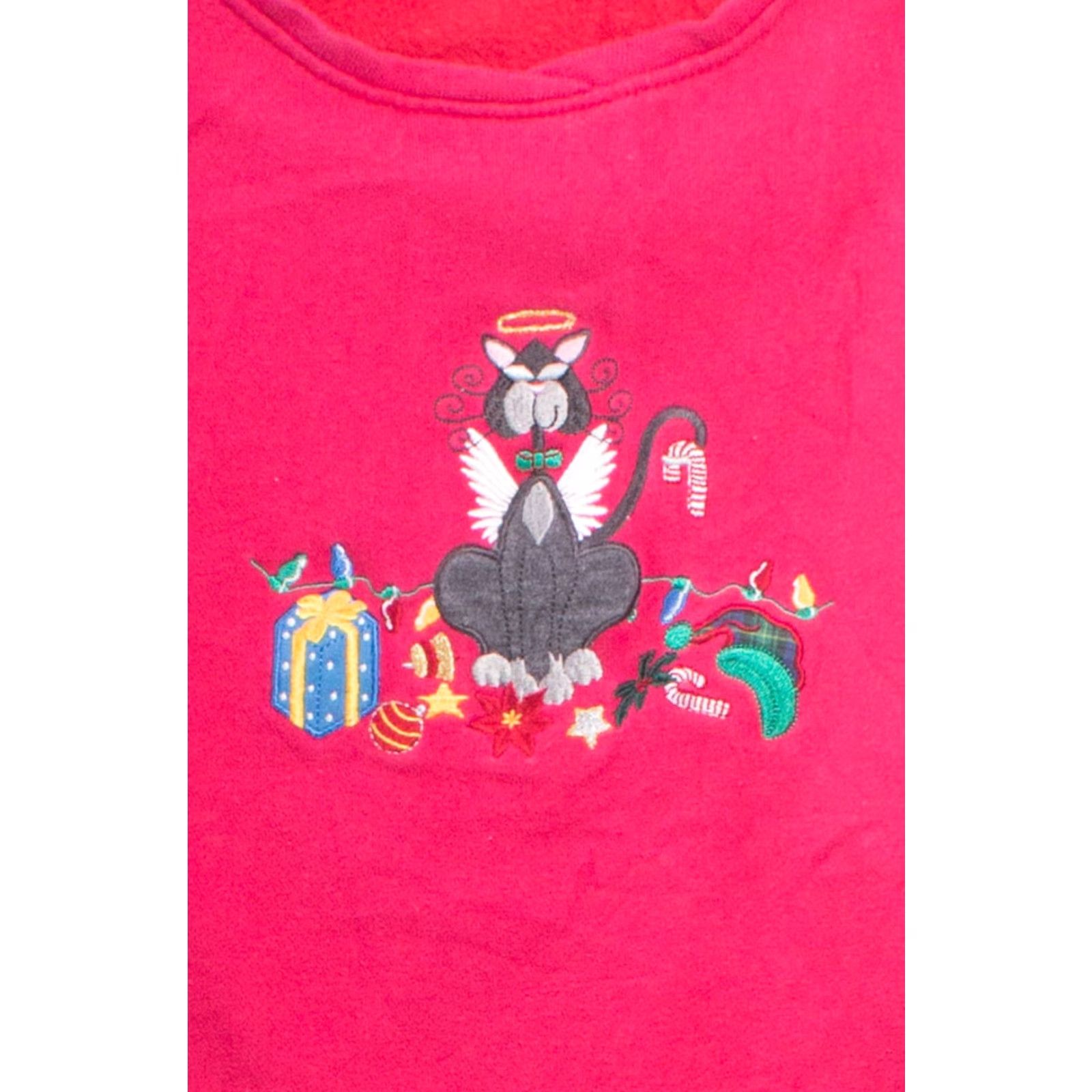 Vintage VINTAGE Red Ugly Christmas Sweatshirt 1990s Large Cotton Polyester Cats Christmas Womens Mens 42 Chest Ragstock Size L / US 10 / IT 46 - 2 Thumbnail
