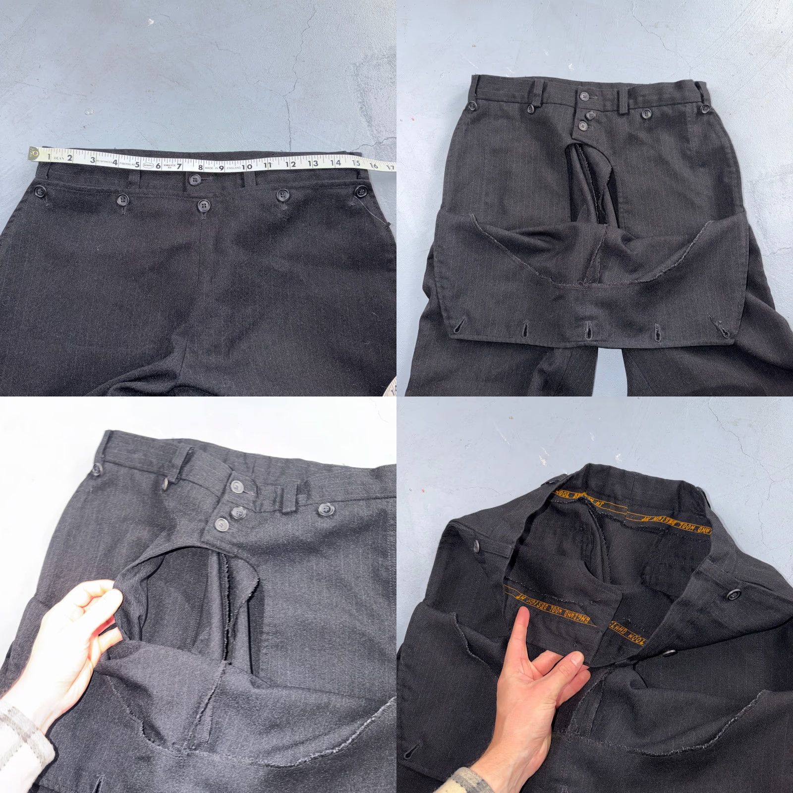 Vintage VINTAGE Wool Pinstripe Trousers England 50s Button Fly Pants Rockabilly 1940s Black 31 Inseam Mens Womens Unbranded Size US 31 - 8 Thumbnail