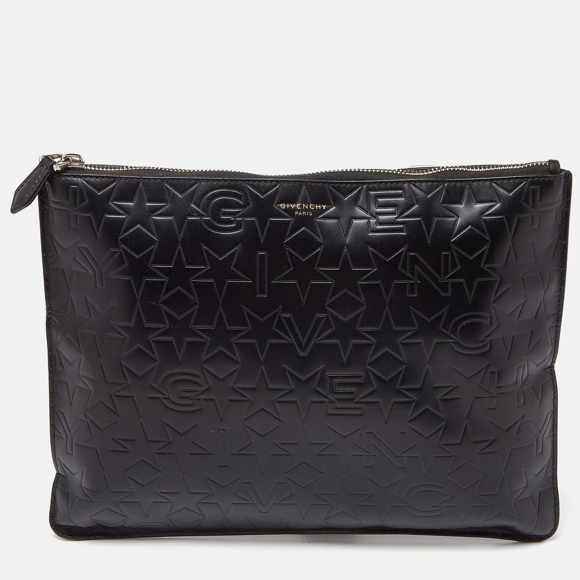 image of Givenchy Black Star Embossed Leather Zip Clutch, Women's