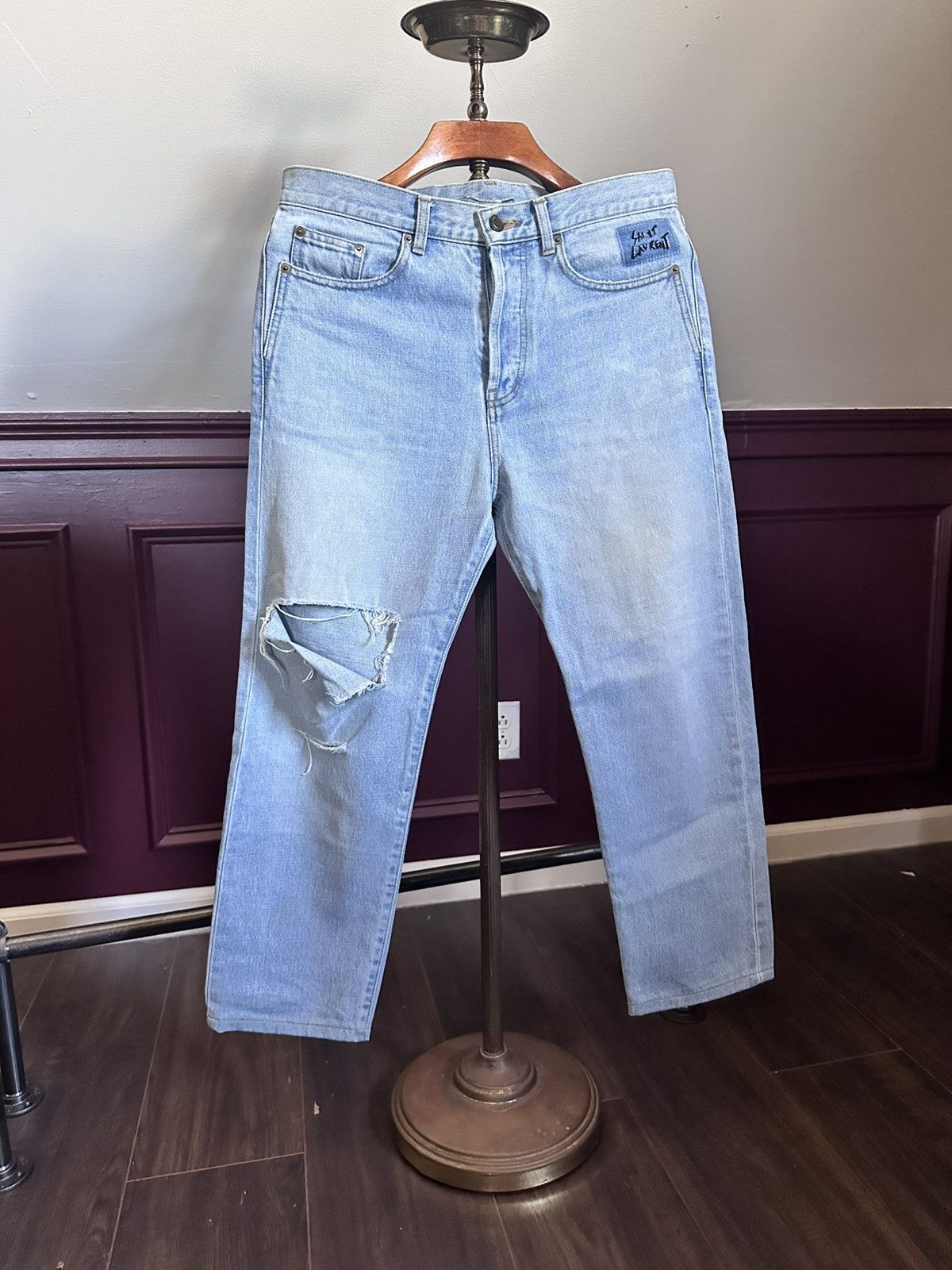 Saint Laurent Paris Japanese light wash logo stitched straight cropped jeans Size US 31 - 1 Thumbnail