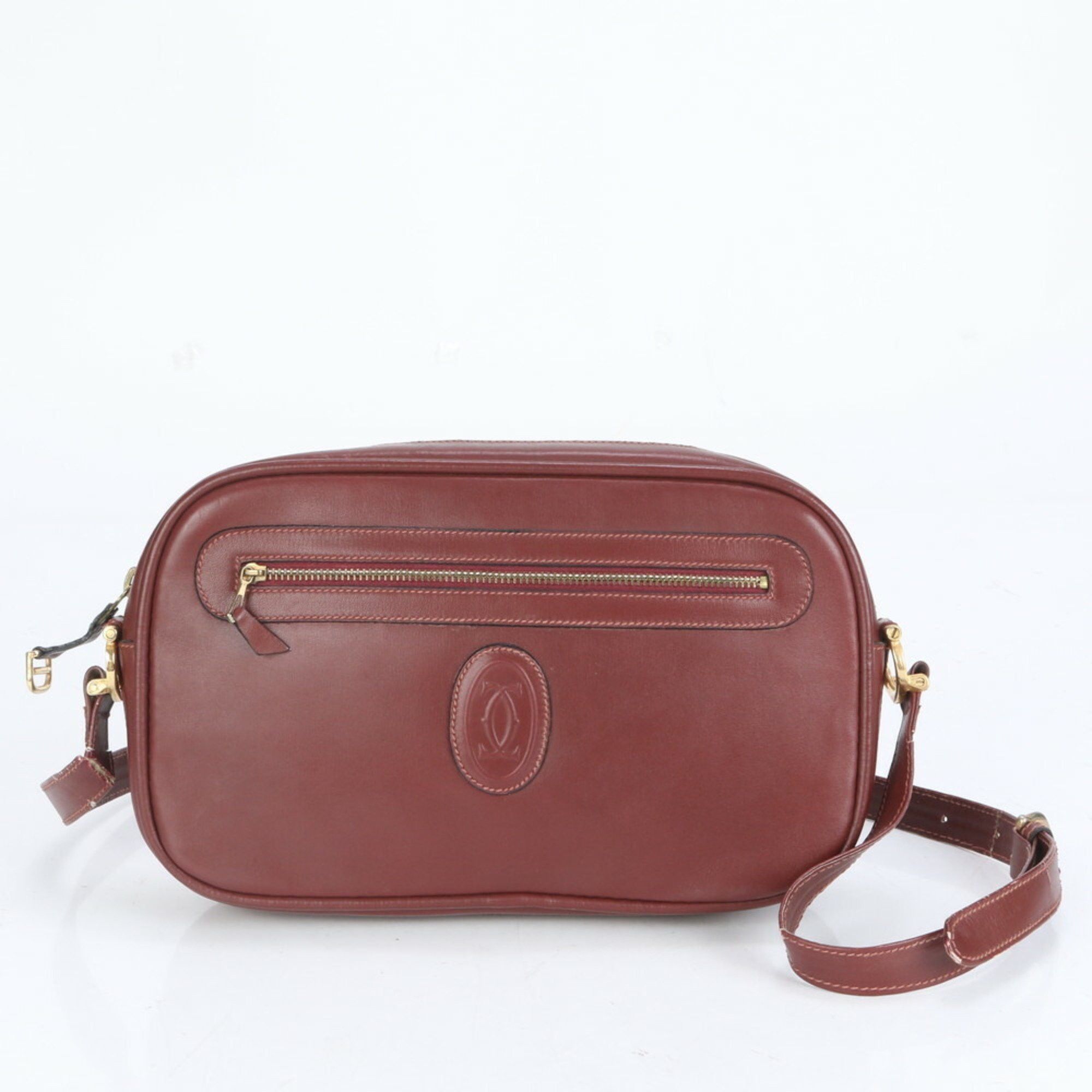 Cartier Must Line Leather Shoulder Bag Crossbody Hand Tote Gold Hardware Women's in Red