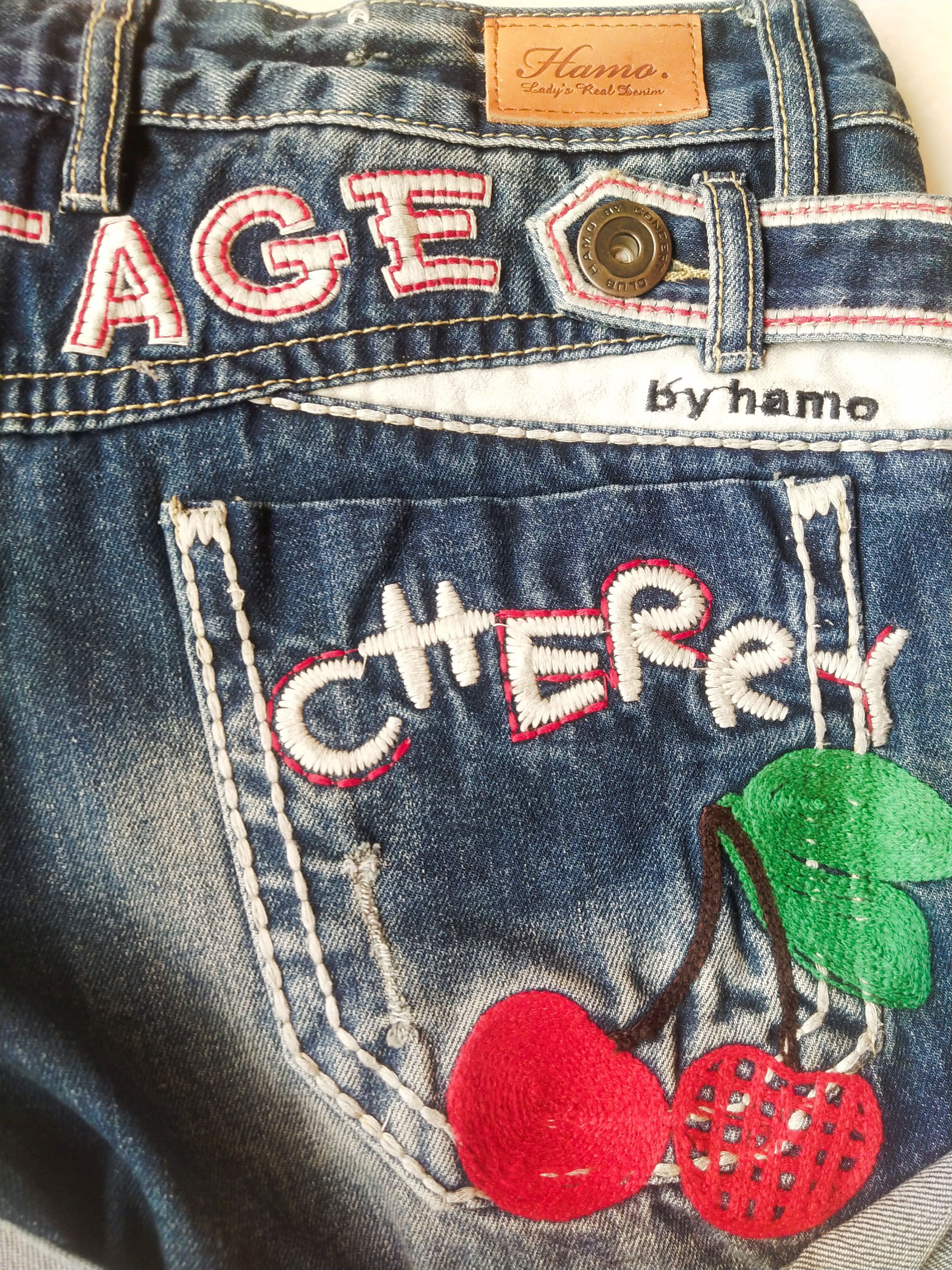 Japanese Brand Hamo Vintage Denim Shorts Embroidery Cherry Graphic Size 29" - 3 Thumbnail