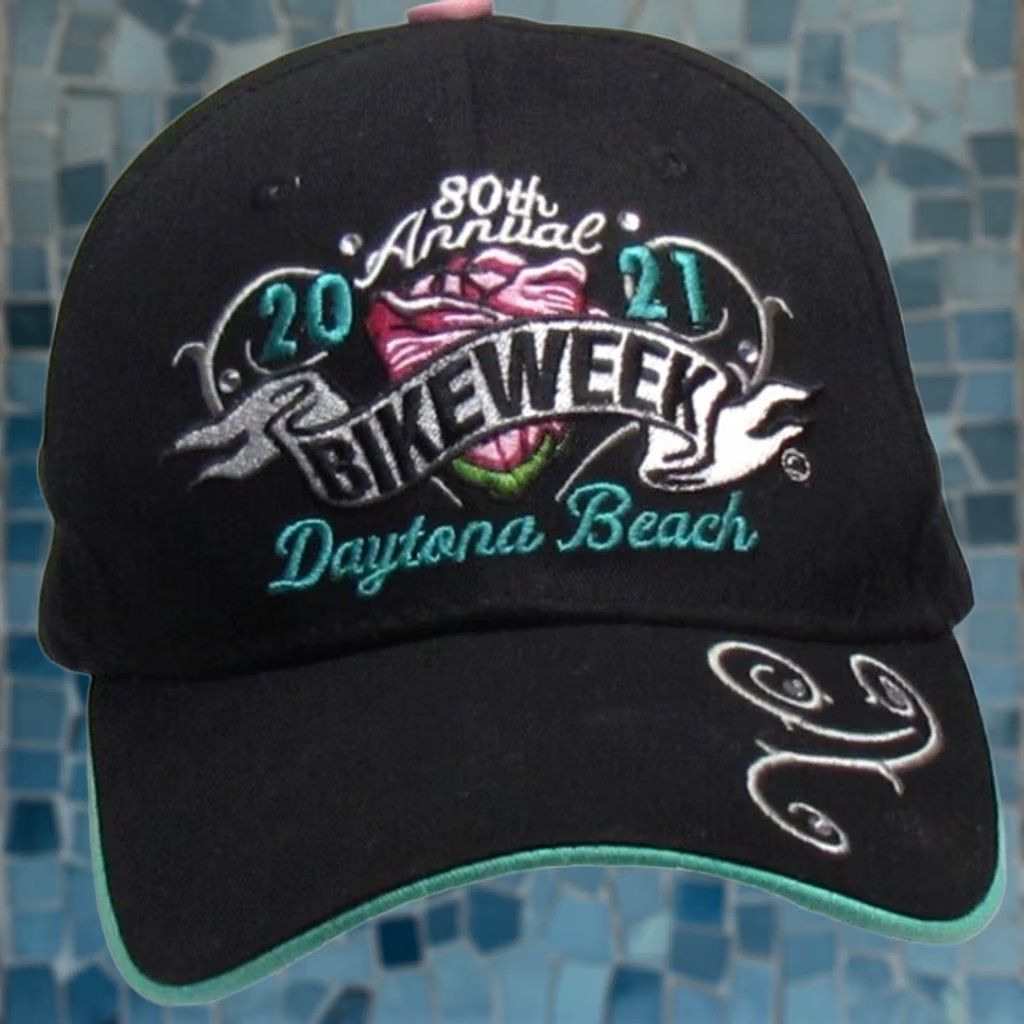 Vintage Womens Capsmith Inc Adjustable Hat Black 2021 Daytona Beach Bike Week 80th Annual Turquoise Underbill Rhinestone Motorcycle Baseball Cap Size ONE SIZE - 1 Thumbnail