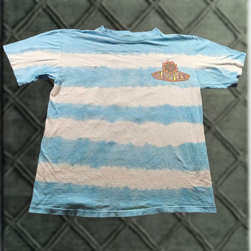 VINTAGE Bugle Boy Shirt Mens M Blue Tie Dye Short Sleeve Crew Neck Logo 80s