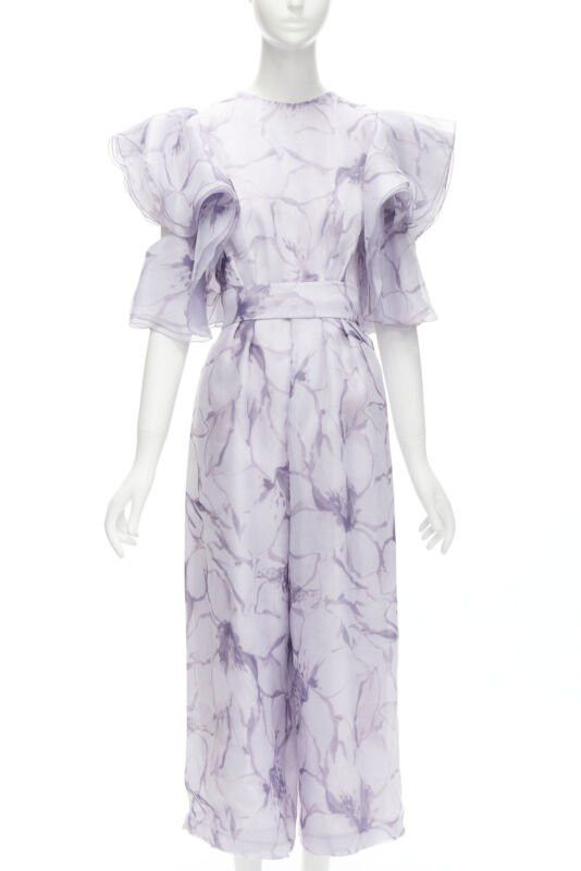 Other COSTERELLOS purple floral ruffled butterfly sleeves belted jumpsuit FR34 XS Size 26" / US 2 / IT 38 - 1 Thumbnail