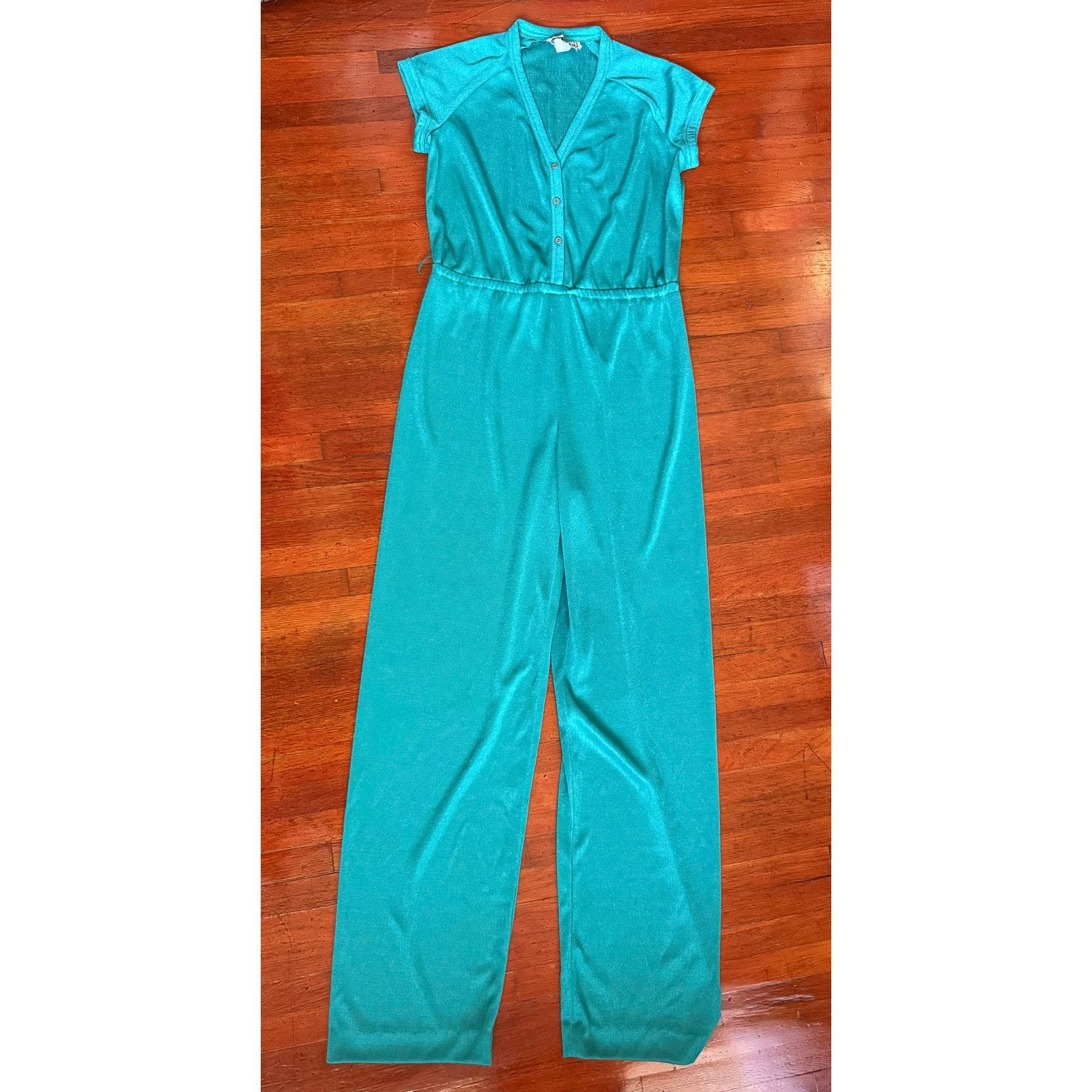Vintage Vintage 70s Teal Green Jump Suit Med Large One Piece Disco Size 32" / US 10 / IT 46 - 1 Thumbnail